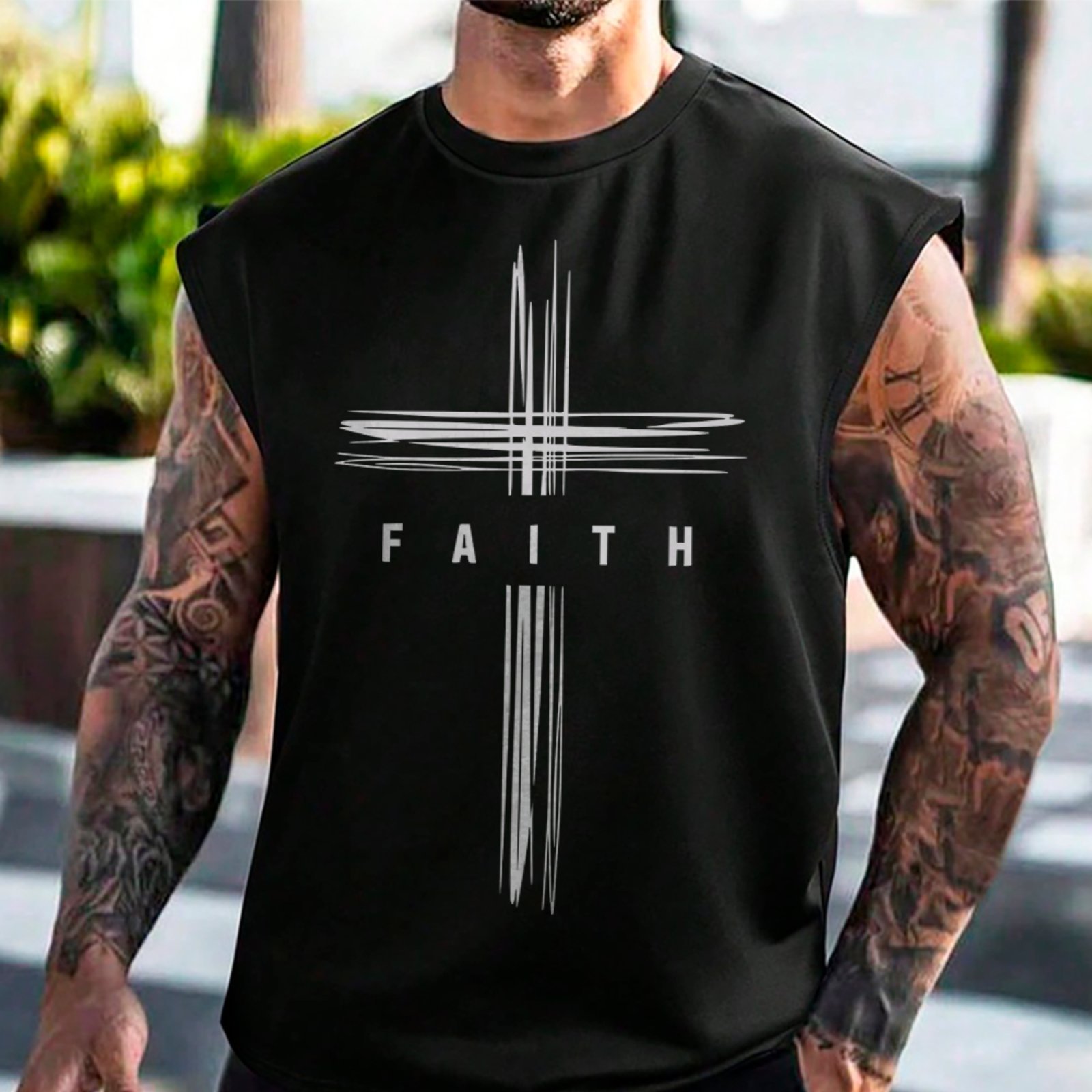 Camiseta Regata Machão Gospel Cruz Faith Minimalista Fé Cristã Preto