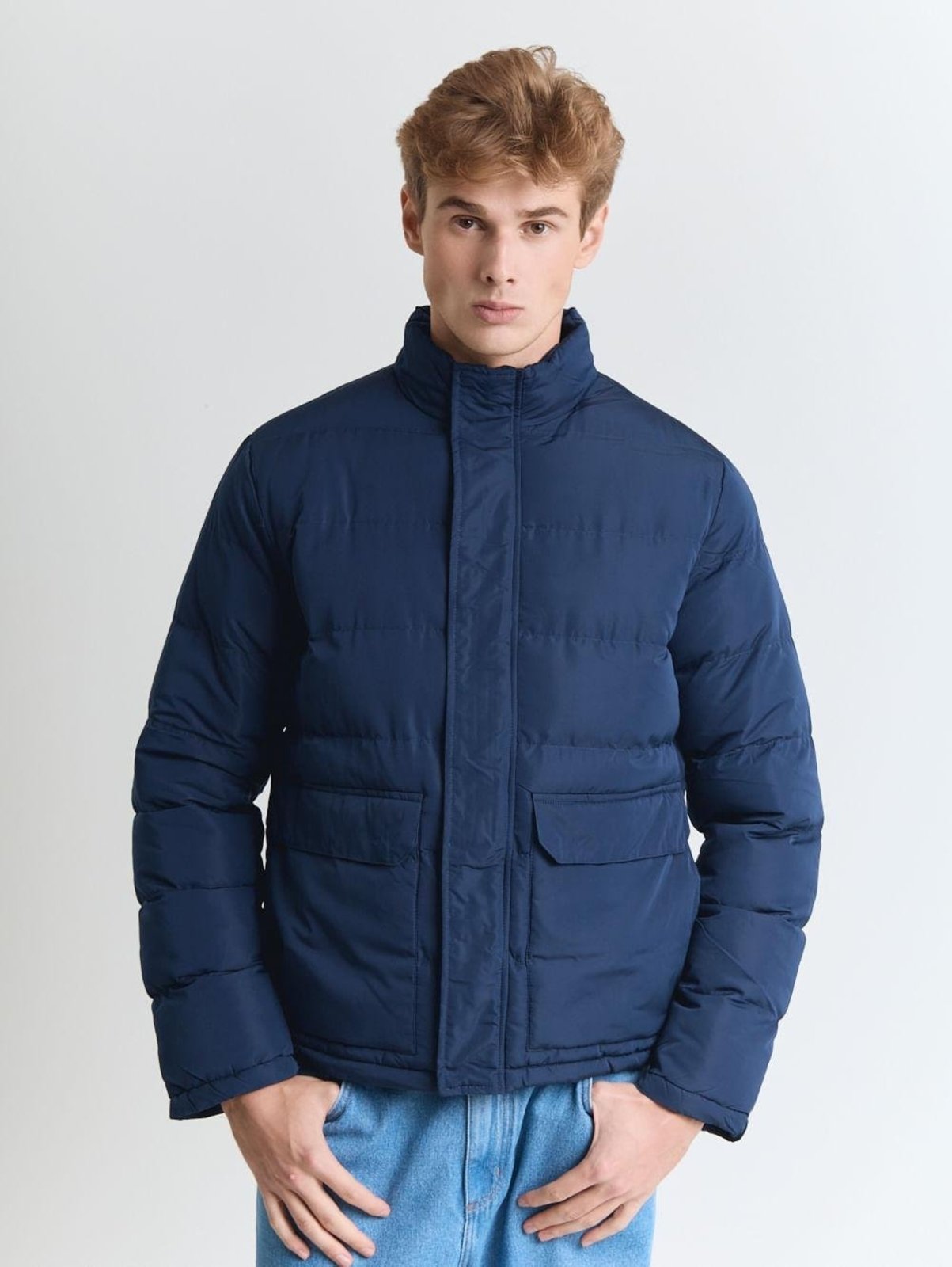 Jaqueta poliéster masculina puffer c/ bolso azul