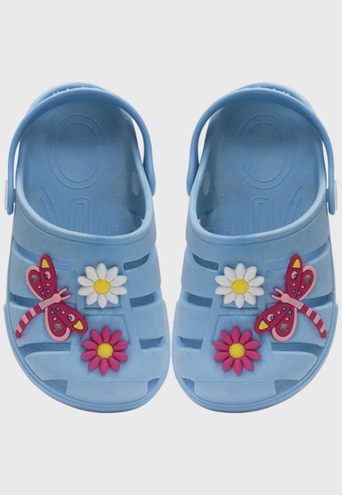 Vista 2 Infantil - Sandalia Babuche Popidi Libelula e Flores azul Pópidí azul