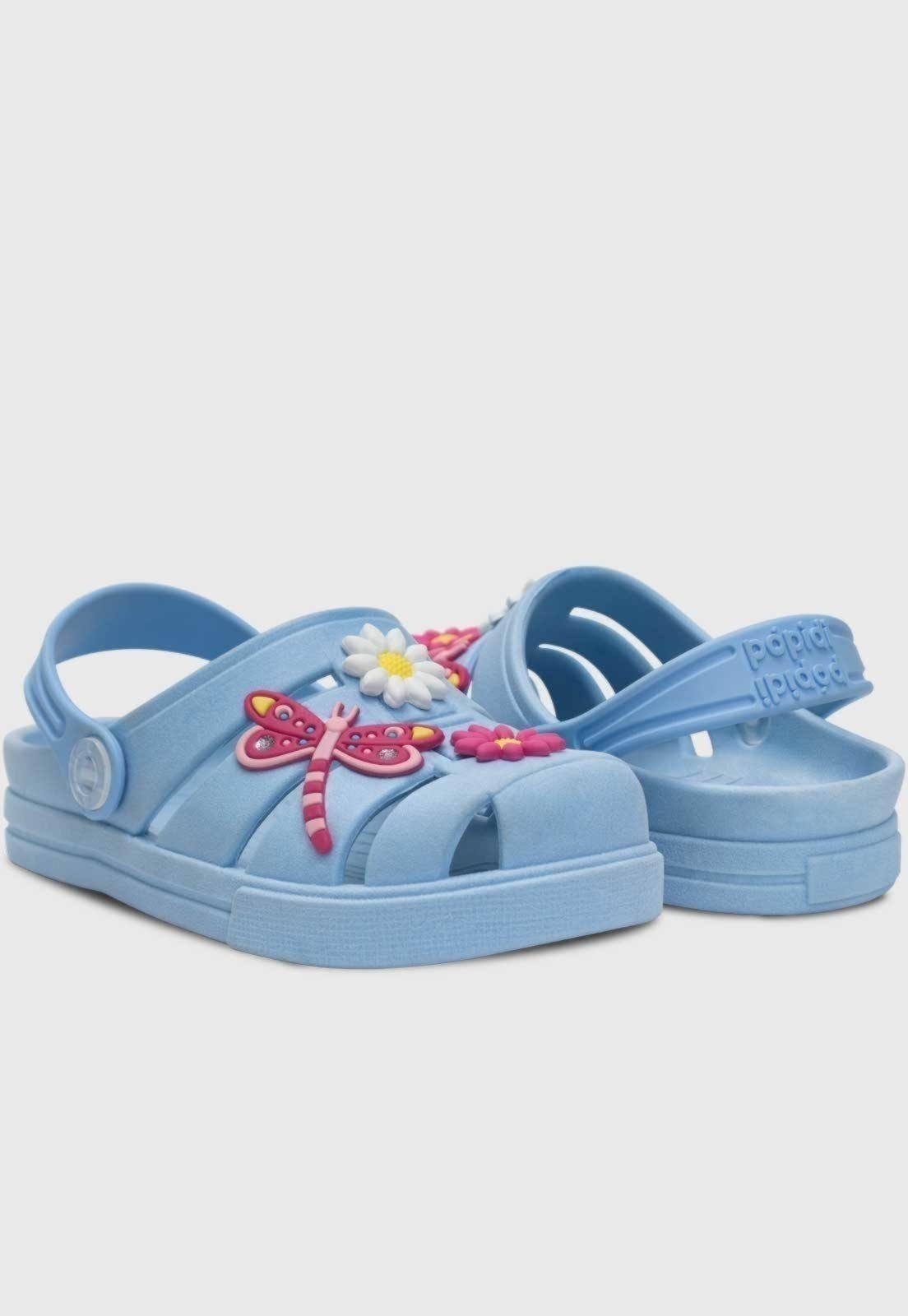Vista 3 Infantil - Sandalia Babuche Popidi Libelula e Flores azul Pópidí azul