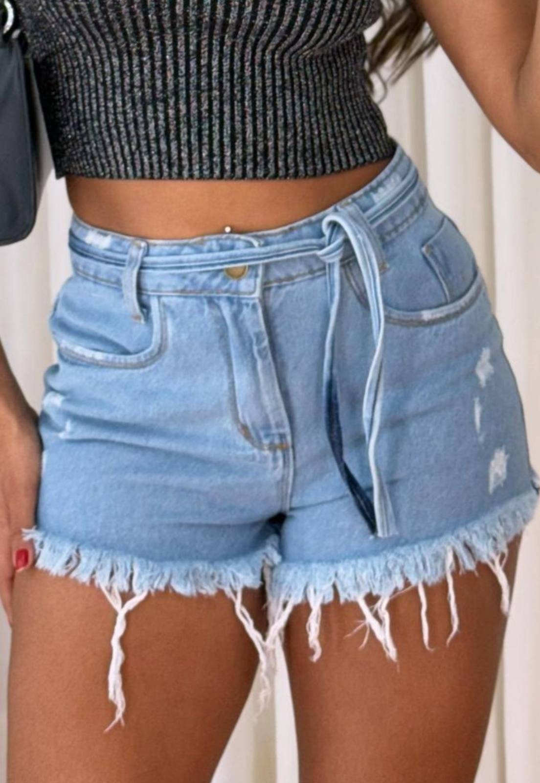 Short Feminino Yellow Jeans Cintura Alta Com Cinto Incluso Lavagem Clara