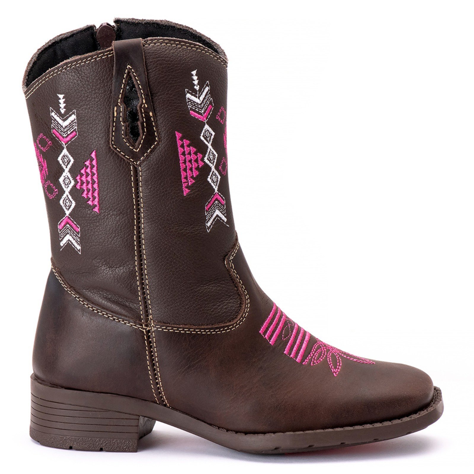 Infantil - Bota Texana Country Menina Campero Bico Quadrado Zíper Café