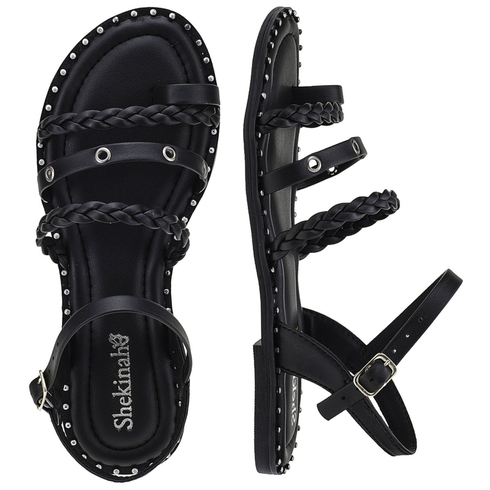 Rasteira Feminina Rasteirinha Shekinah Sola Tachas e Cravos Lançamento Moda Leve Preto