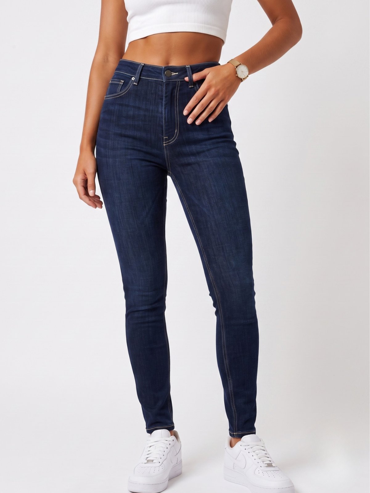 Calça Jeans Feminina Skinny Cintura Alta Purple Jeans Azul Escuro com Elastano Modela Corpo Confortável Premium