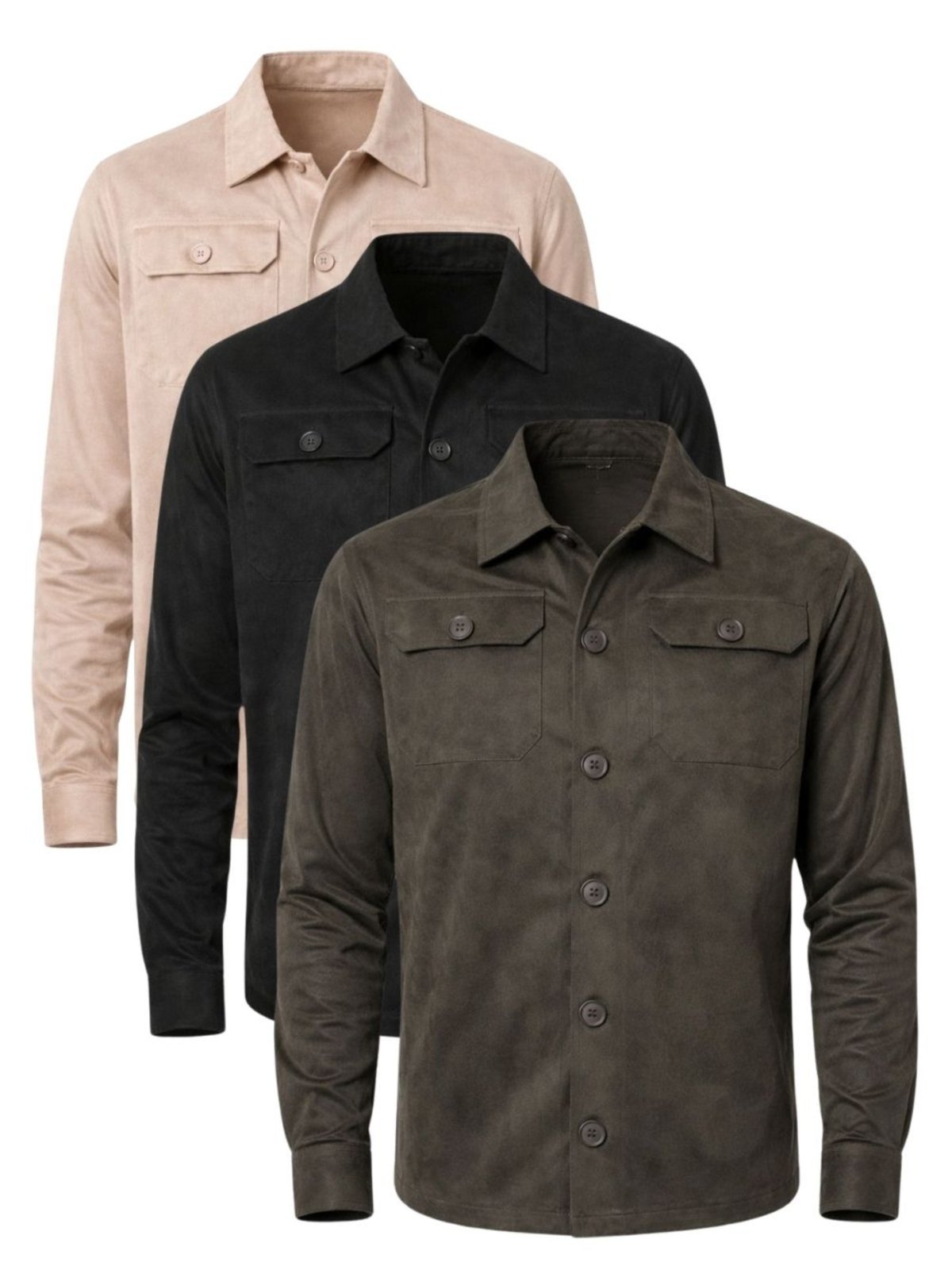 Kit 3 Camisas Masculina Suede Manga Longa Verde, Kaqui e Preto Crocker - 49615