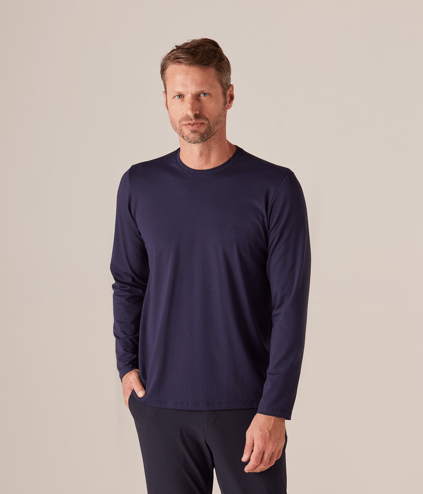 Camiseta Pima Manga Longa Gola Careca Masculina Azul Marinho