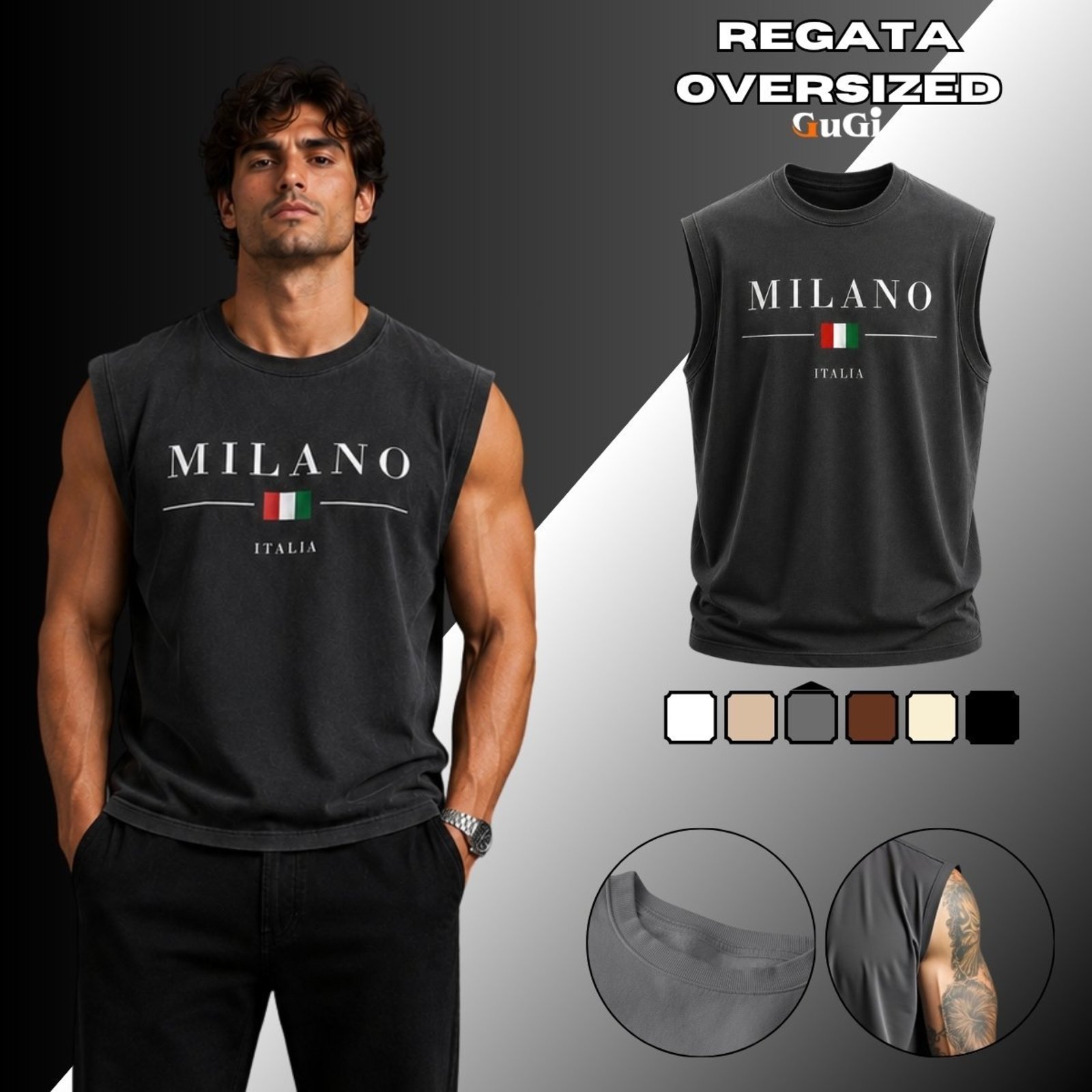 Camiseta Regata Masculina Oversized Estampada Milano Italia 100% Algodão 30.1 Chumbo