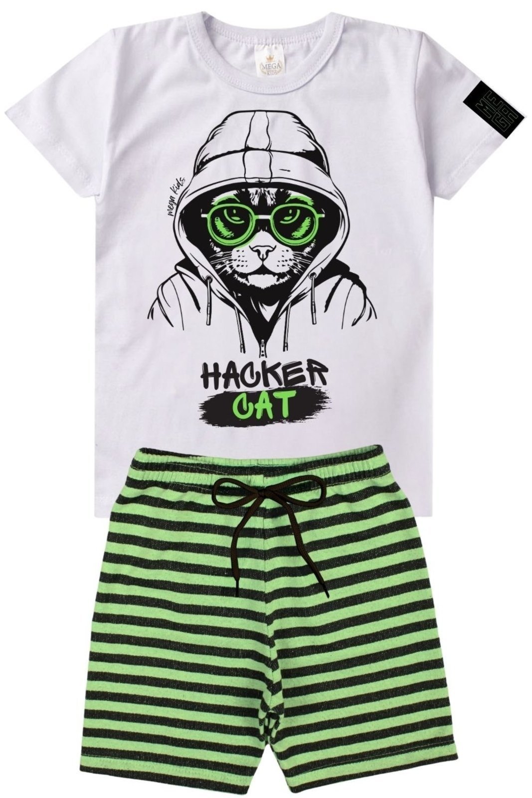 Infantil – Conjunto Verão Masculino Hacker Cat – Branco