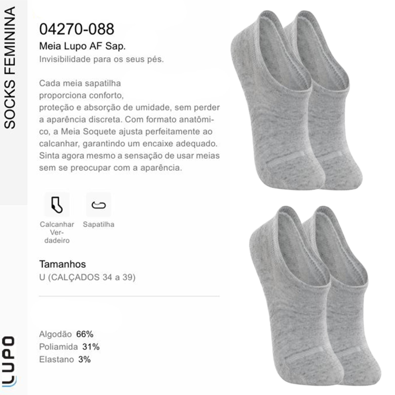 Vista 3 Kit 2 Meias Sapatilha Lupo Básica Feminina 0 branco Lupo branco