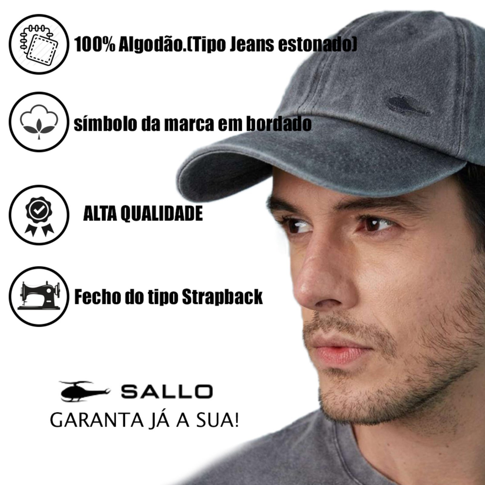 Vista 3 Boné Sallo Aba Curva Com Logo Bordado Sallo preto