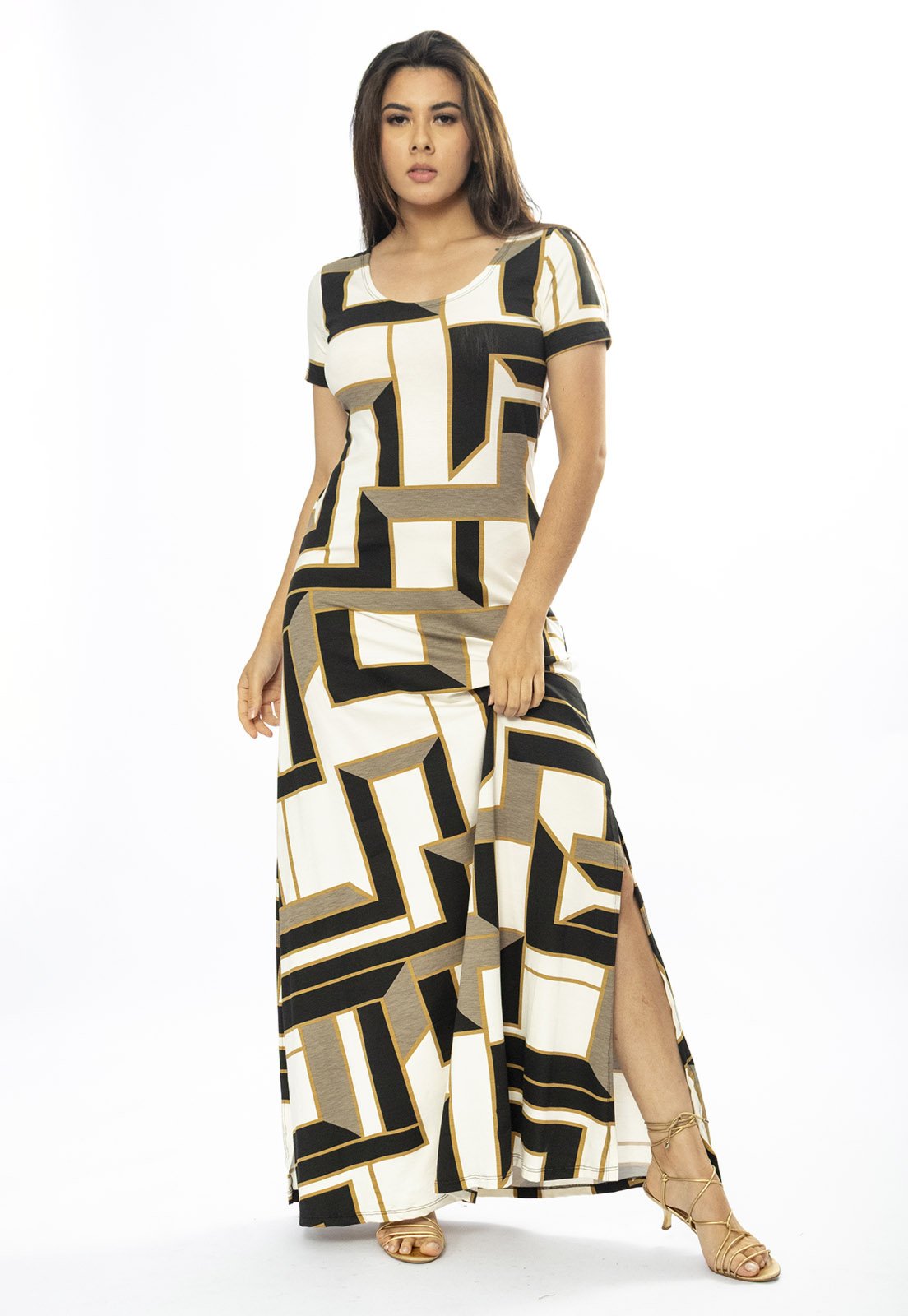 Vestido Longo Cabanafree Malha Gola Canoa Manga Curta Estampa Igaci