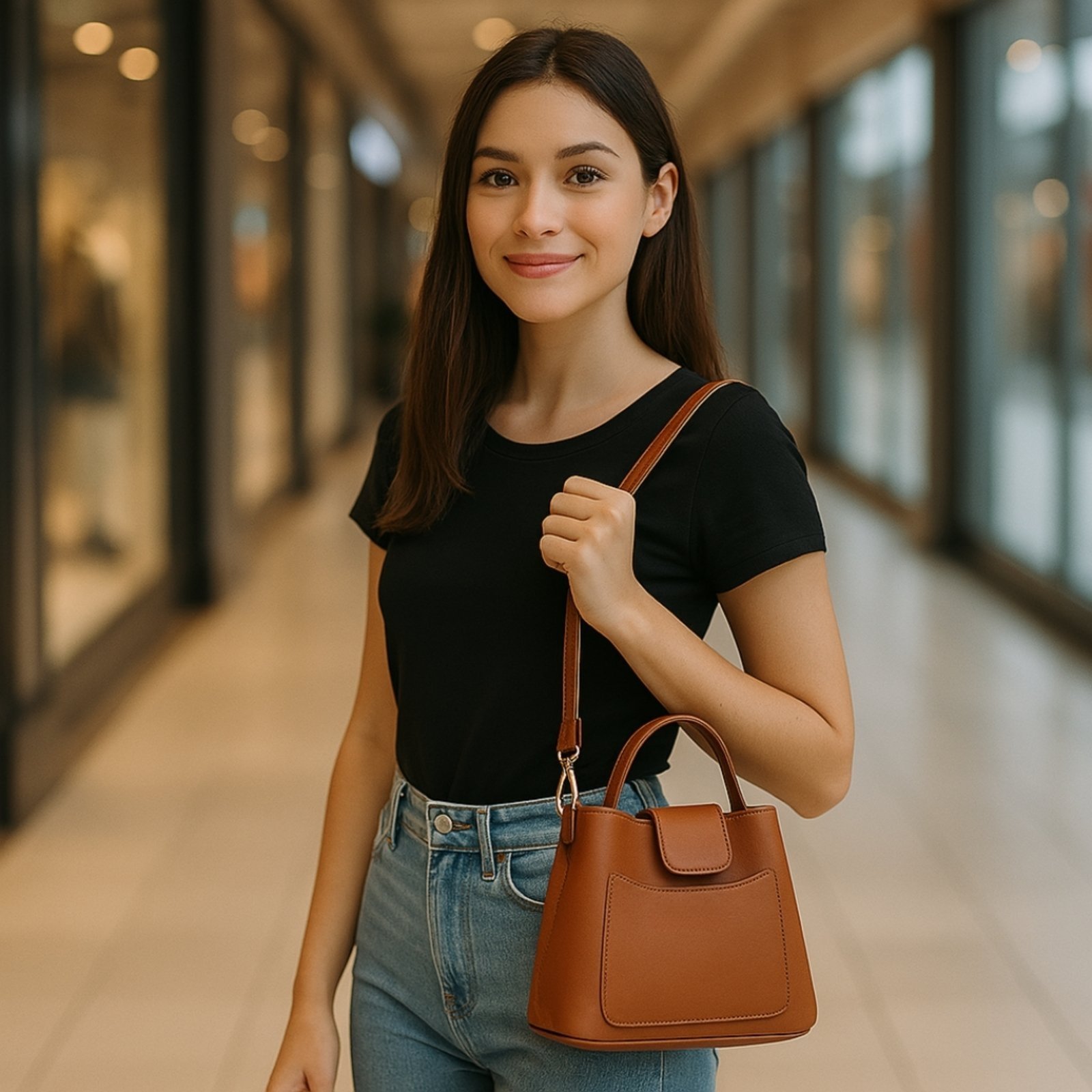 Bolsa Saquinho Transversal Regulável WilliBags Com Divisórias Internas Alça de Mão E Bolso Externo -caramelo