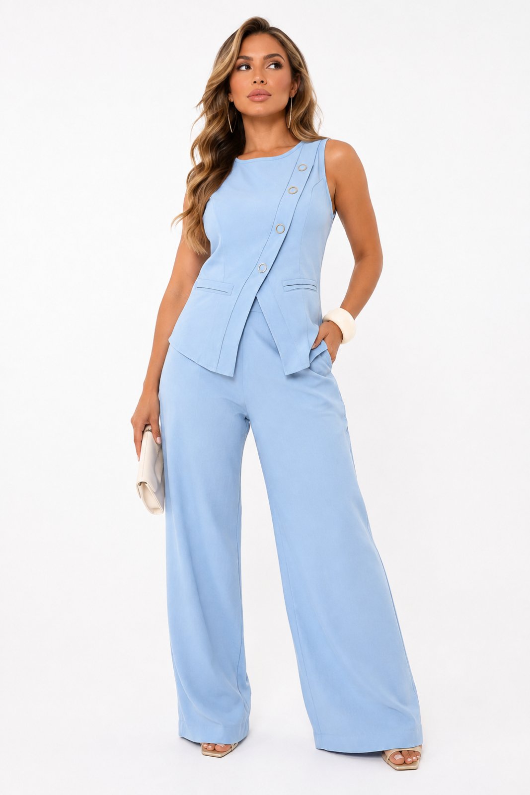 Conjunto Feminino D Bell Outlet Fashion Botões Assimétricos Azul
