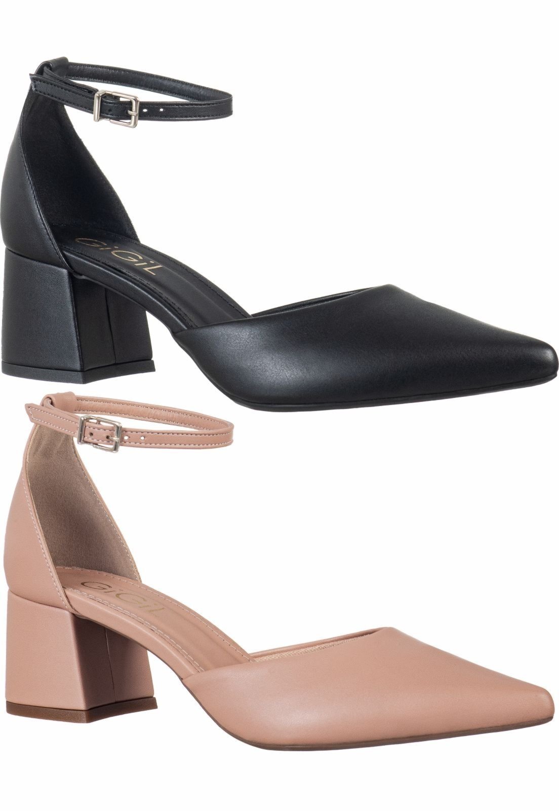 Kit 2 Pares Scarpin Feminino GiGiL Bico Fino Salto Grosso Saia E Blusa Salomé Preto/Nude