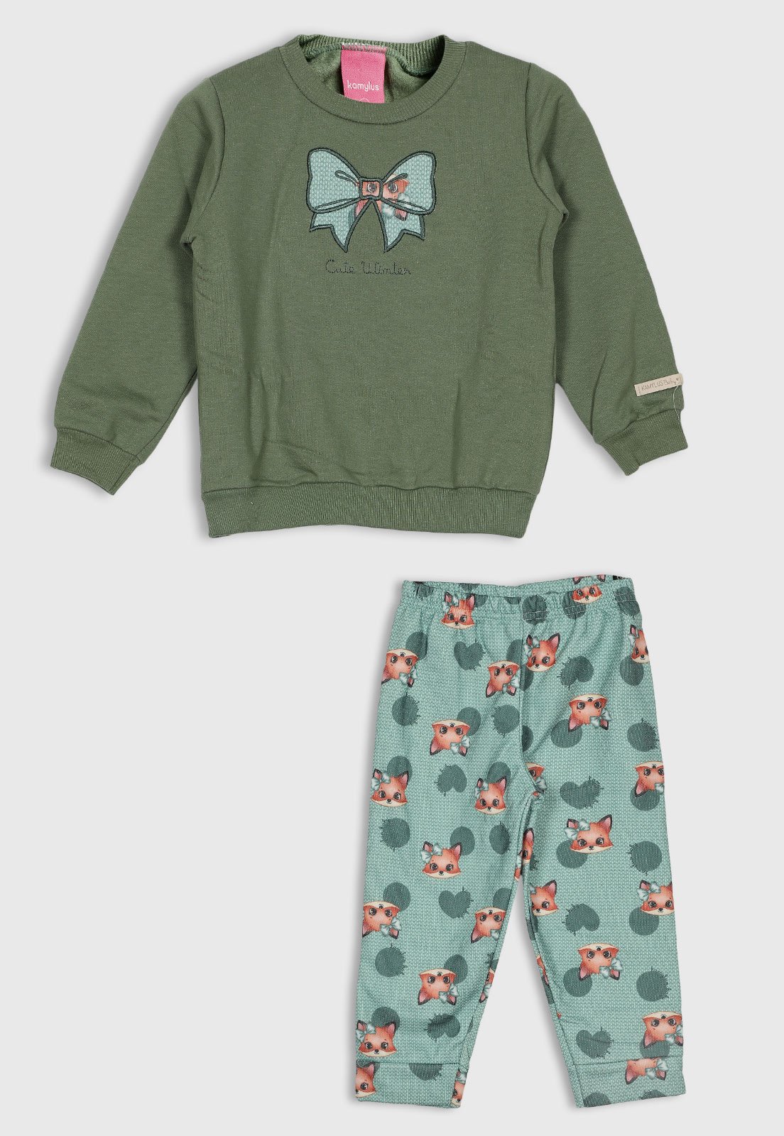 Conjunto Kamylus Blusa com Laço e Calça Estampada Verde