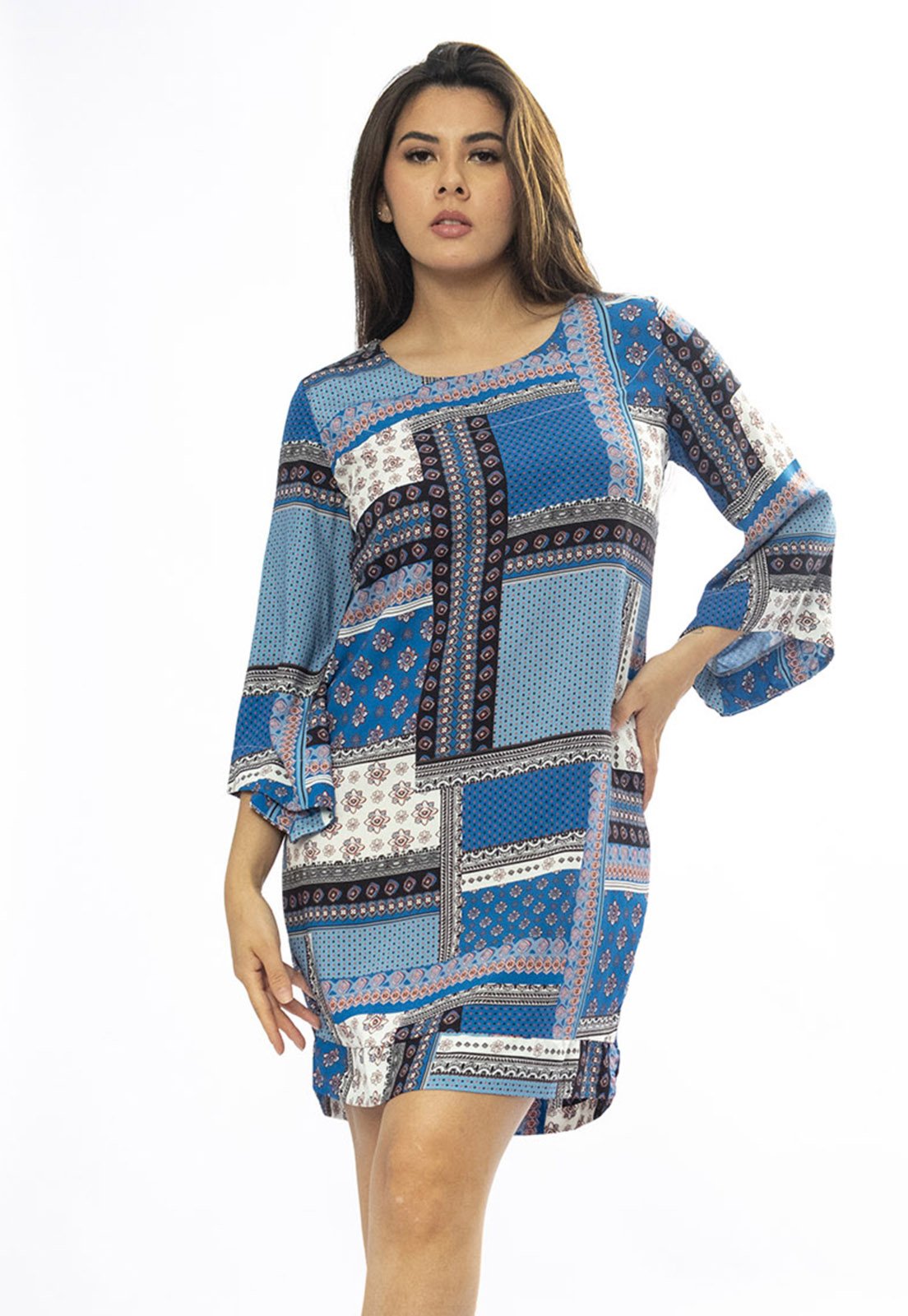 Vestido Amazonia Vital Curto Viscose Balli Manga Ampla Estampa Blue Baby
