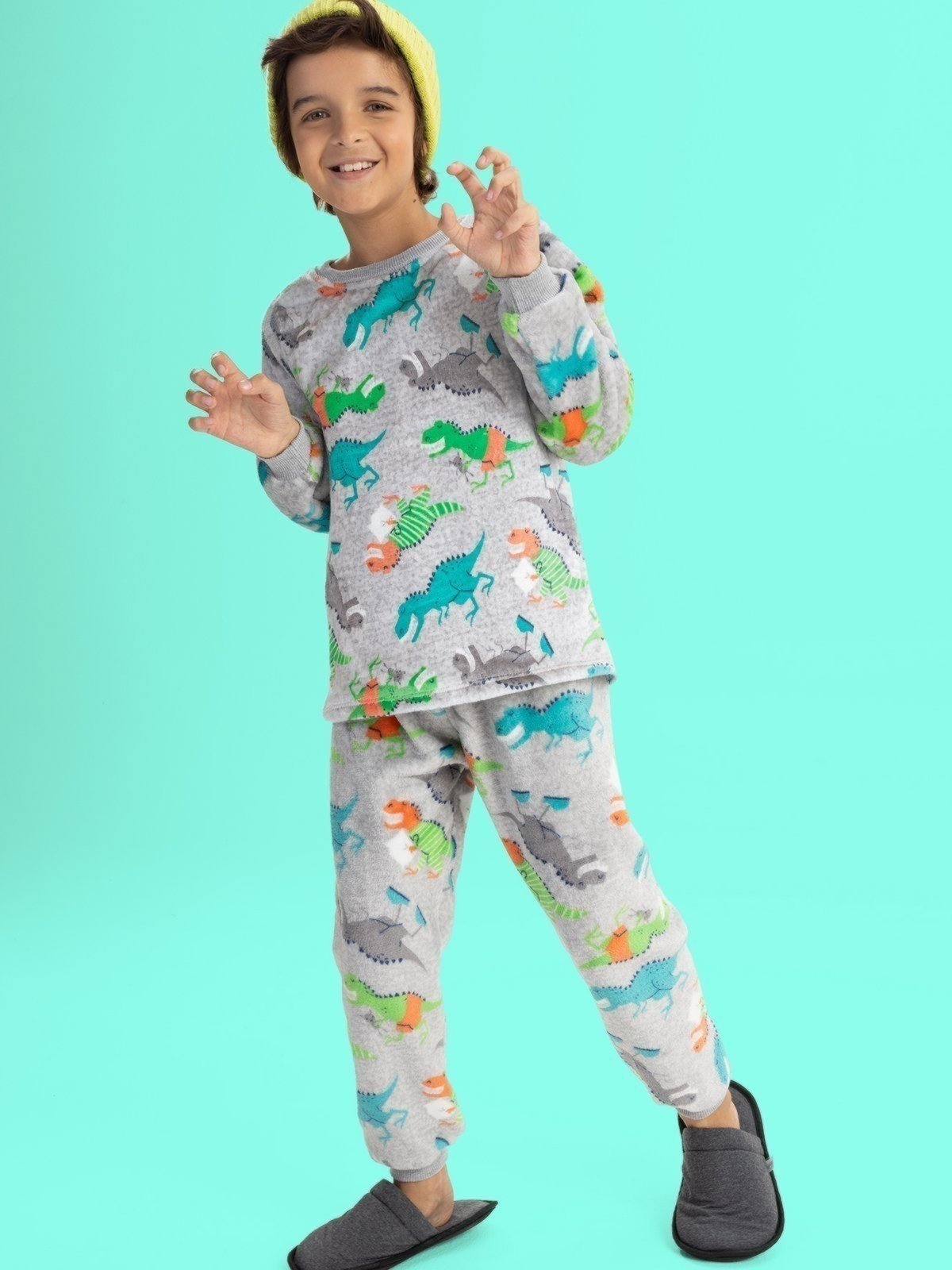 Pijama Juvenil Menino de Inverno em Soft Fleece Dino Cinza