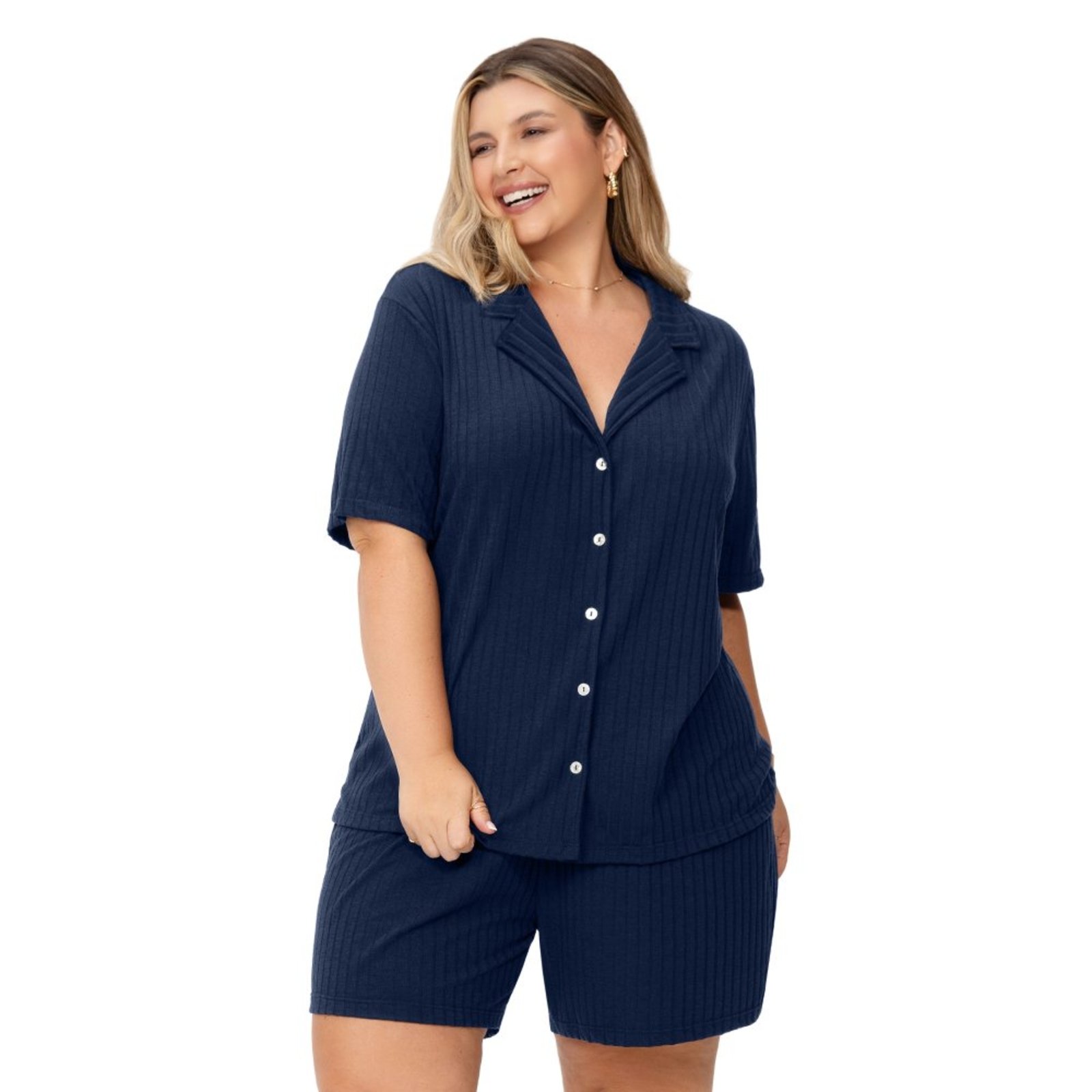 Pijama Americano Plus Feminino Curto Azul Canelado