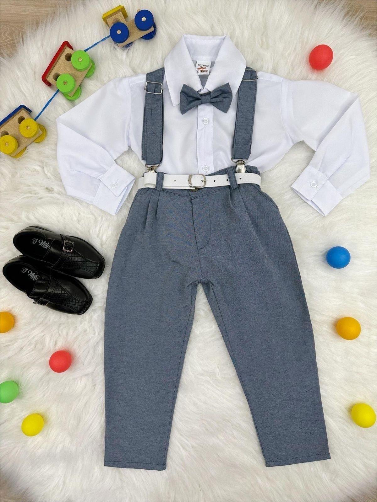 Infantil - Conjunto Social Menino Cinza Casamento Gravata Borboleta Suspensório Terninho Formatura Juvenil Pajem Segurança Batizado Formatura Luxo Festa
