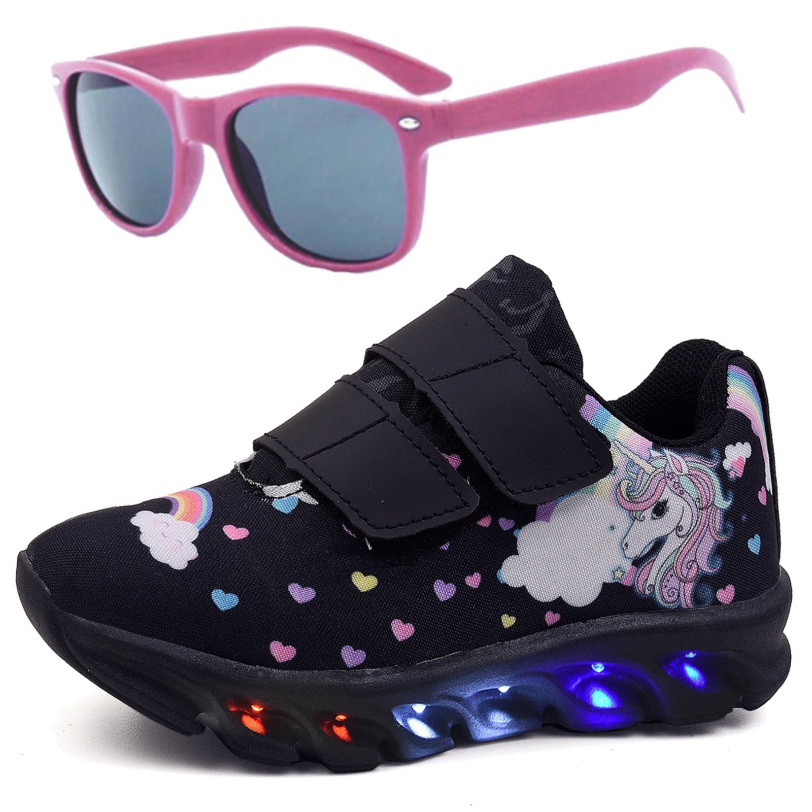 Infantil – Tênis Feminino de Led Unicornio Menina Preto Tira Colante com Óculos