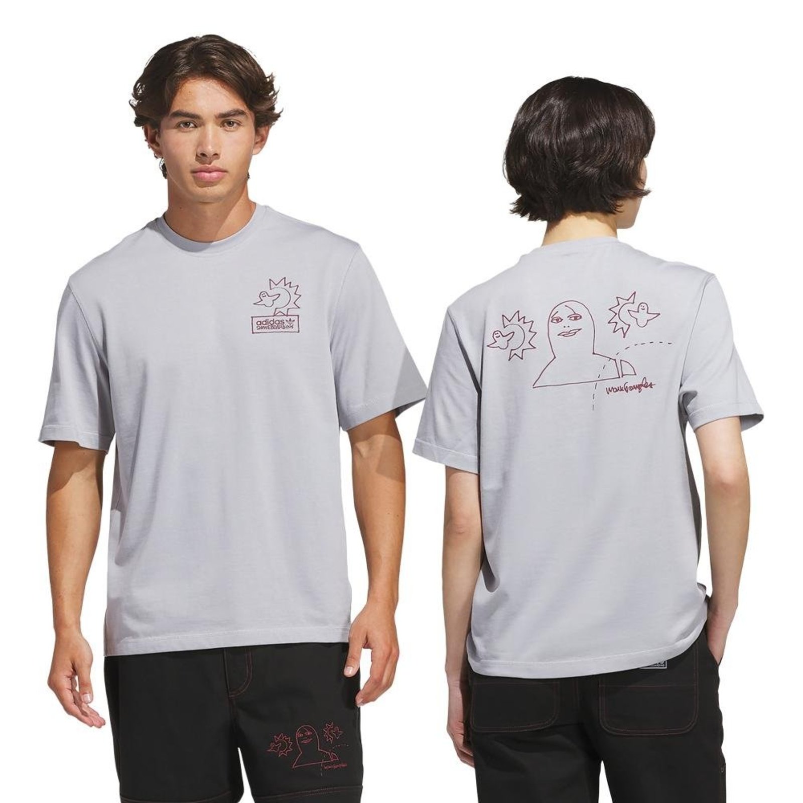Camiseta Not Amused Skateboarding x Mark Gonzales adidas Originals Cinza