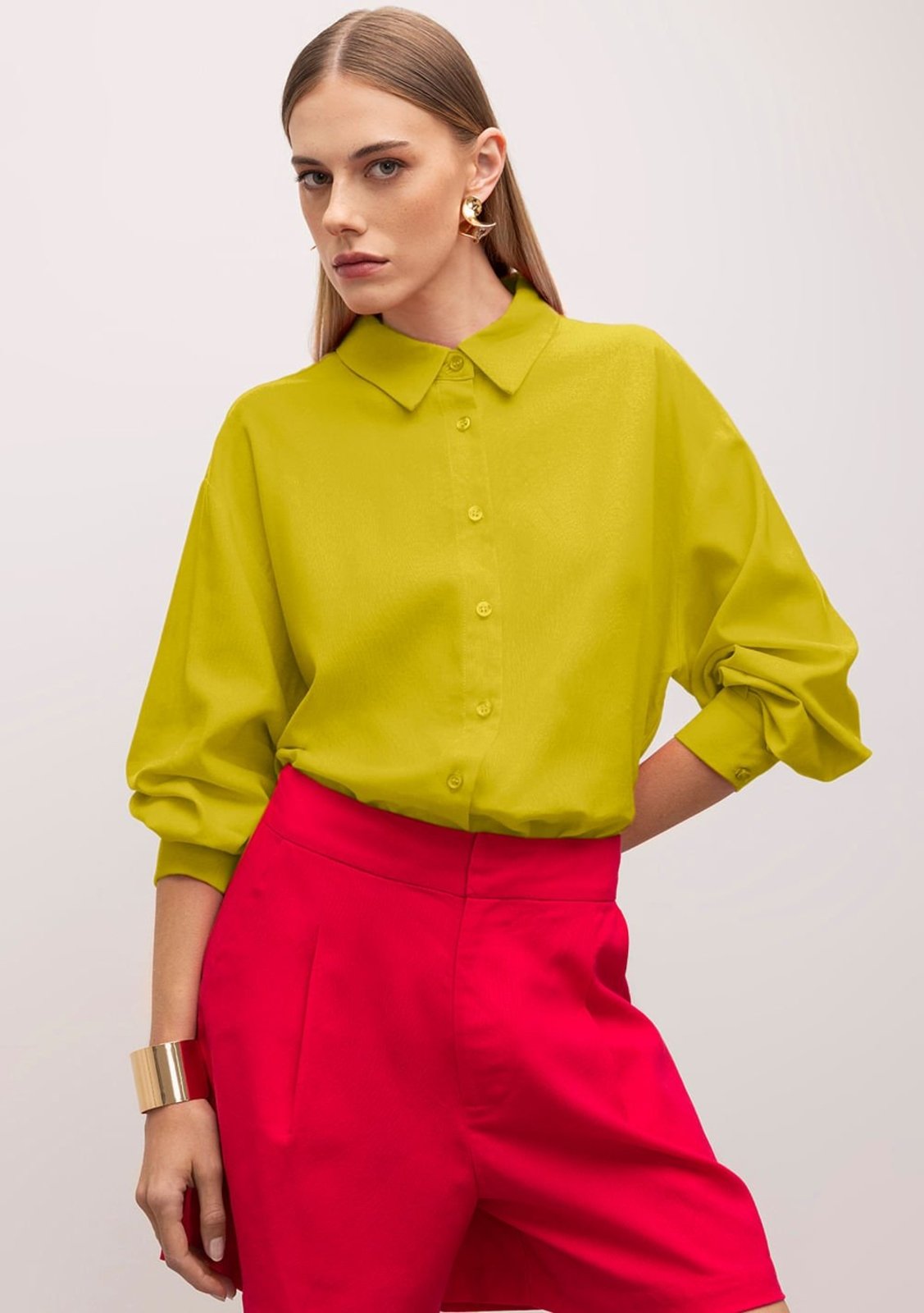 Camisa Iódice Manga Longa Ombro Deslocado Amarelo