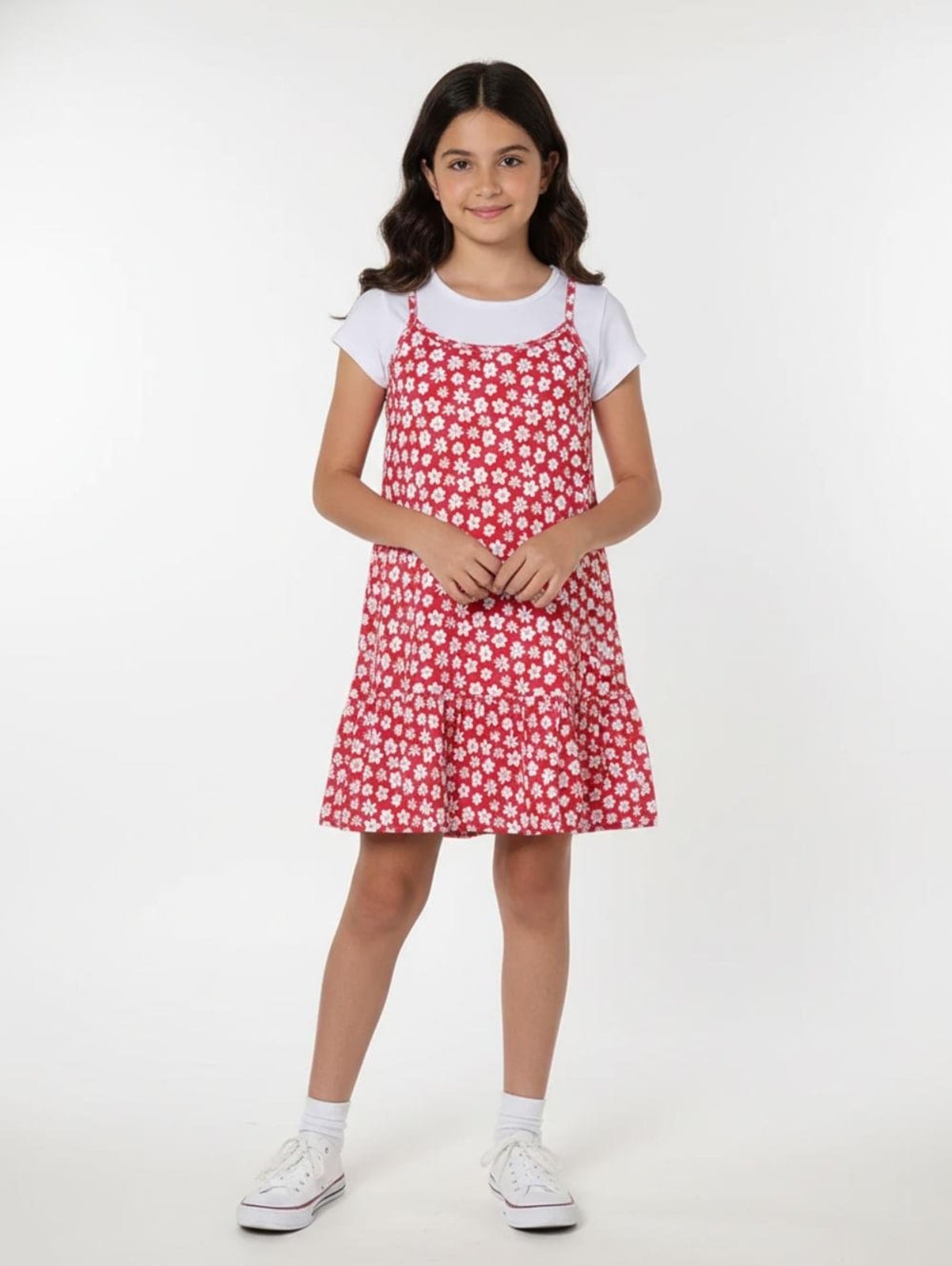 Vestido Sobreposição Juvenil Para Menina - VERMELHO