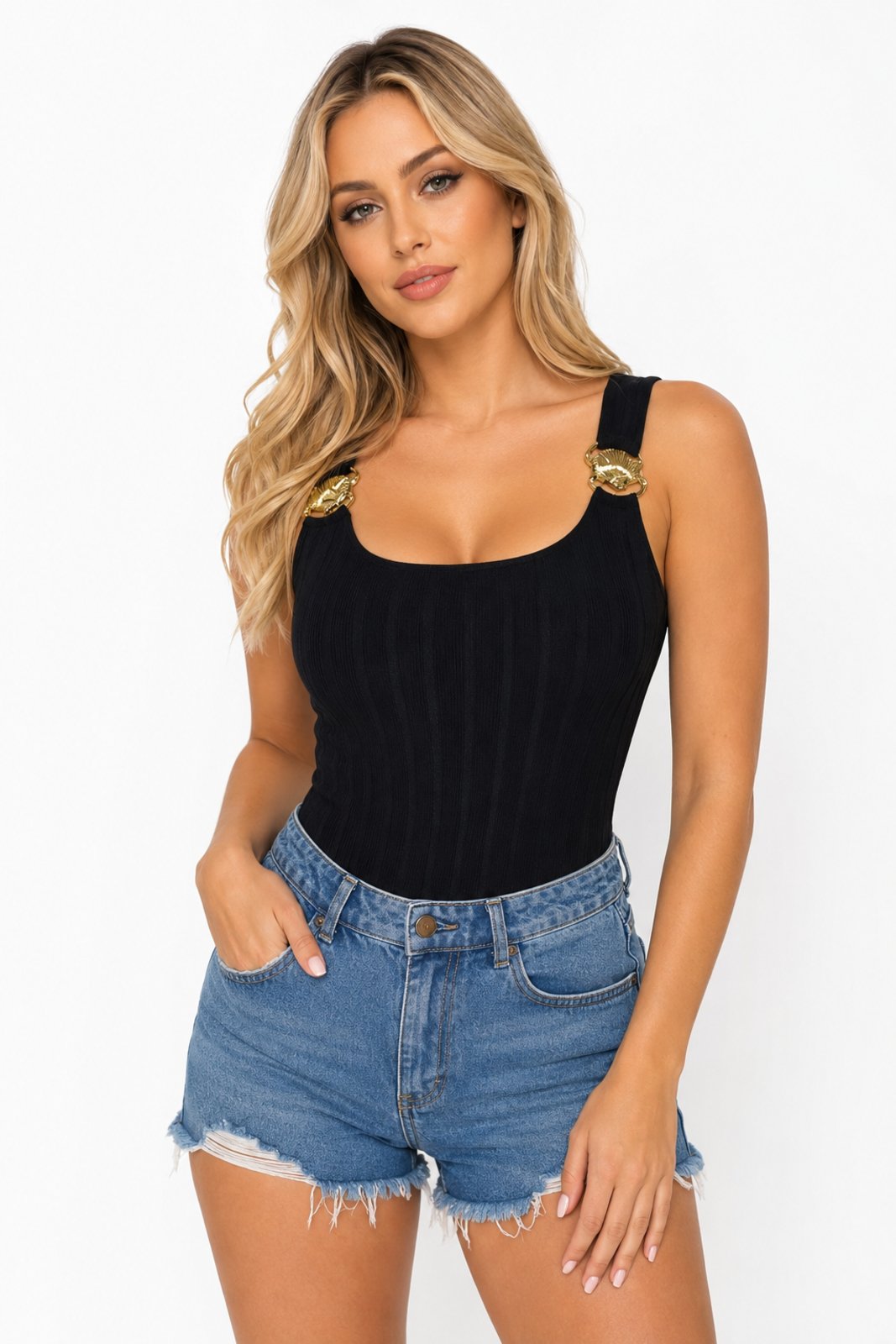Body D Bell Outlet Fashion Canelado Preto