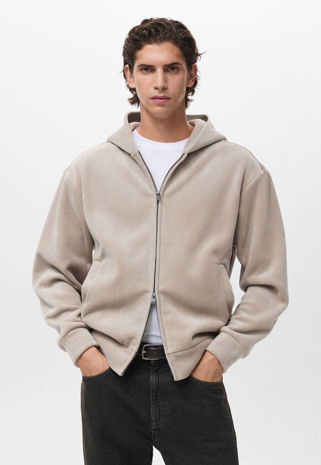 Blusa de Moletom Mango Capuz Zíper Bege