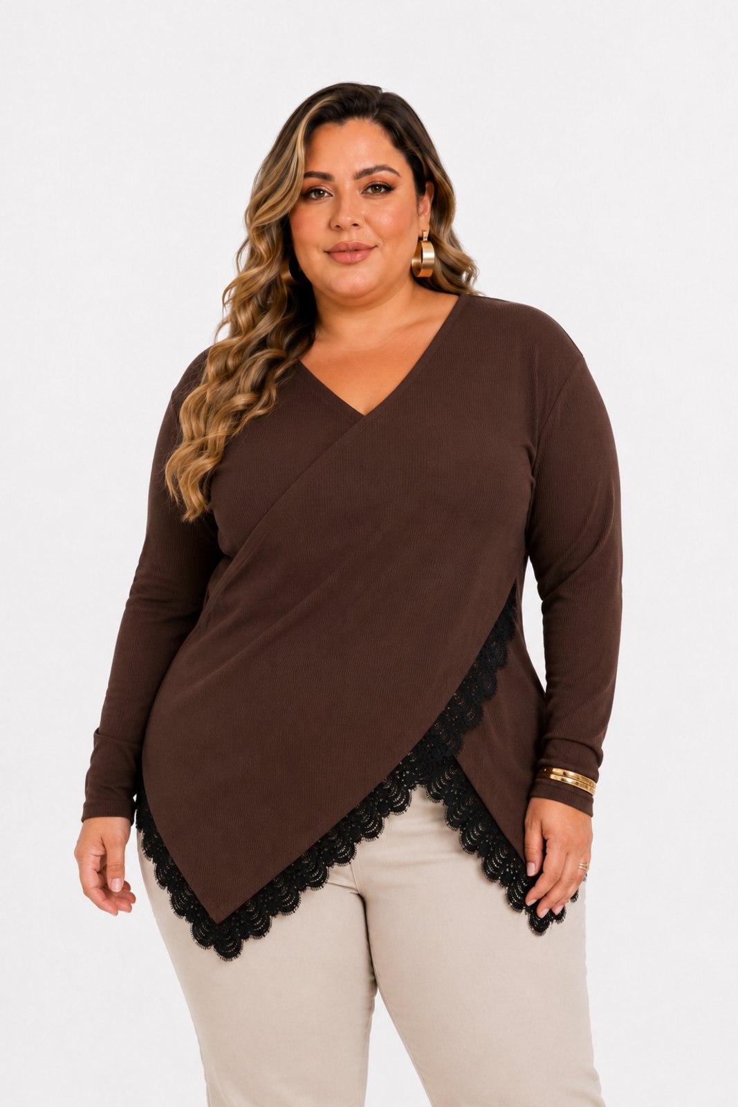 Blusa Plus Size D Bell Outlet Fashion Decote V Marrom
