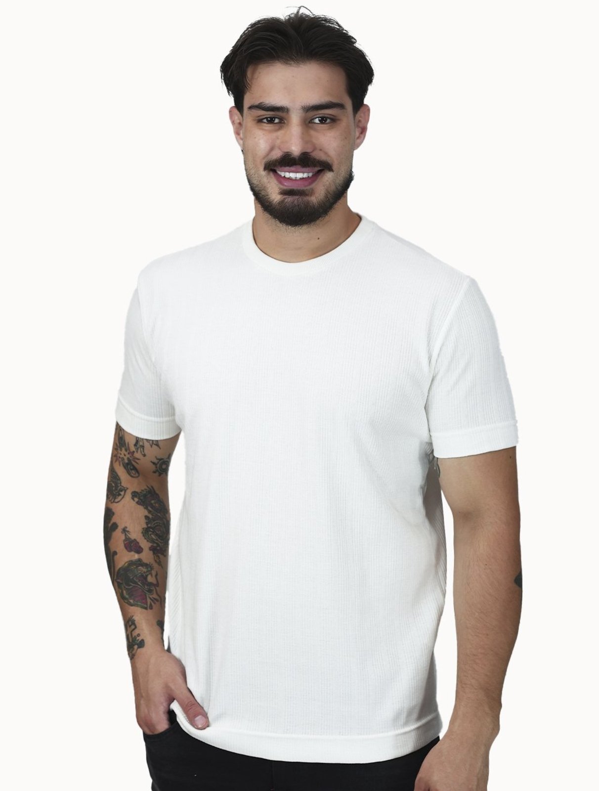 Camiseta King & Joe Masculina Slim Malha Tricot Off White