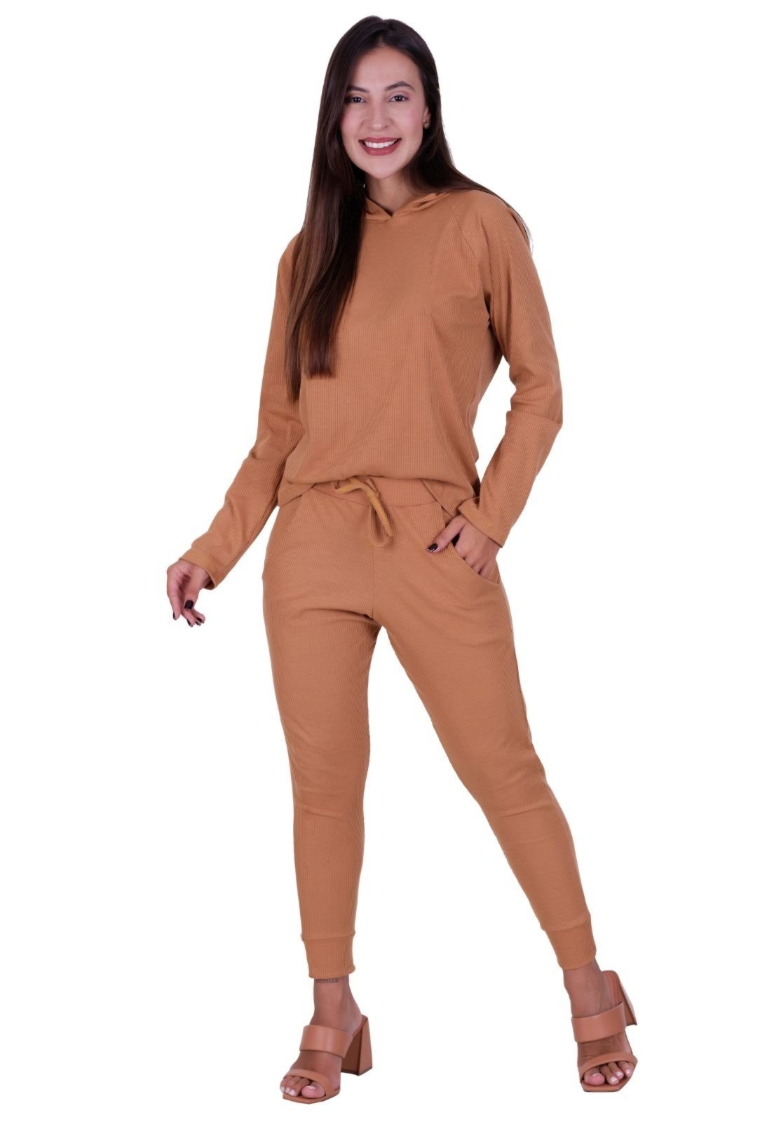 Conjunto Confortável Blusa Manga Longa com Capuz e Calça Jogger Vera e Esther Bege