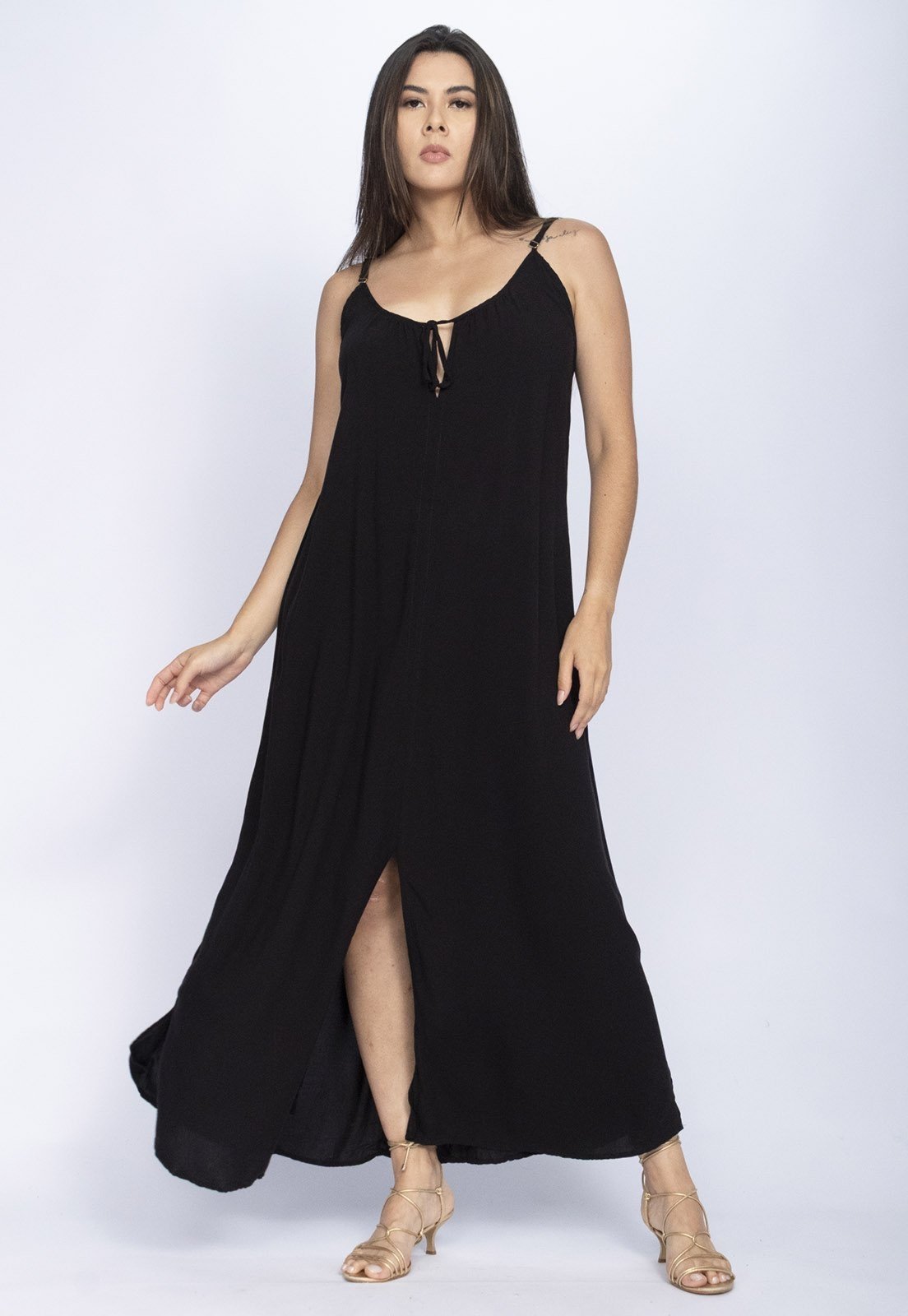 Vestido Longo Cabanafree Caçuá Viscose Alça Fina Preto