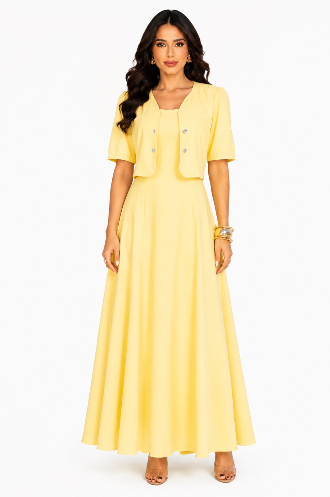 Conjunto Duas Peças Vestido Longo e Bolero D Bell Outlet Fashion Amarelo
