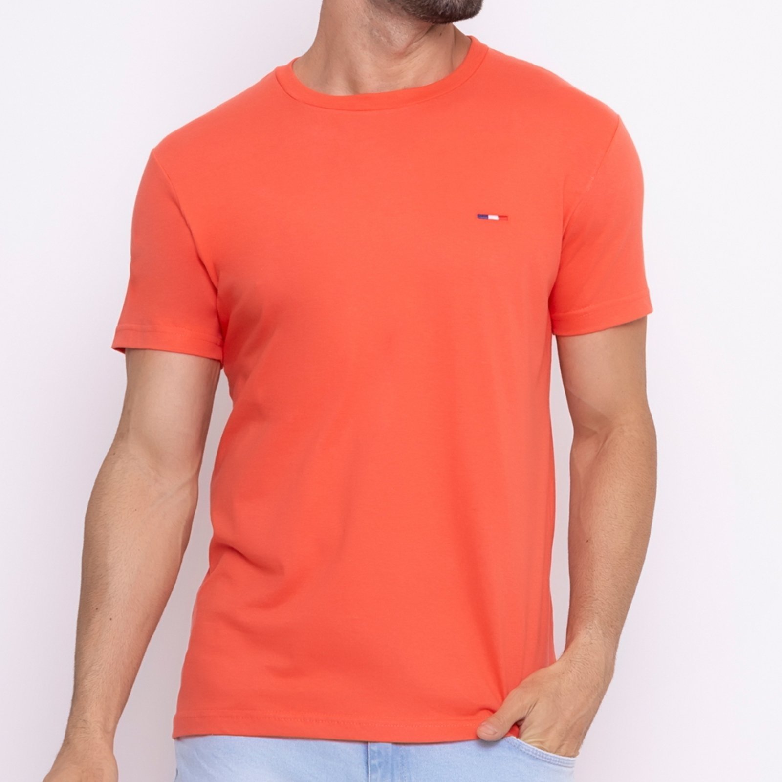 Camiseta Masculina Básica FMF com Bordado no Estilo Tommy Algodão Premium França Laranja