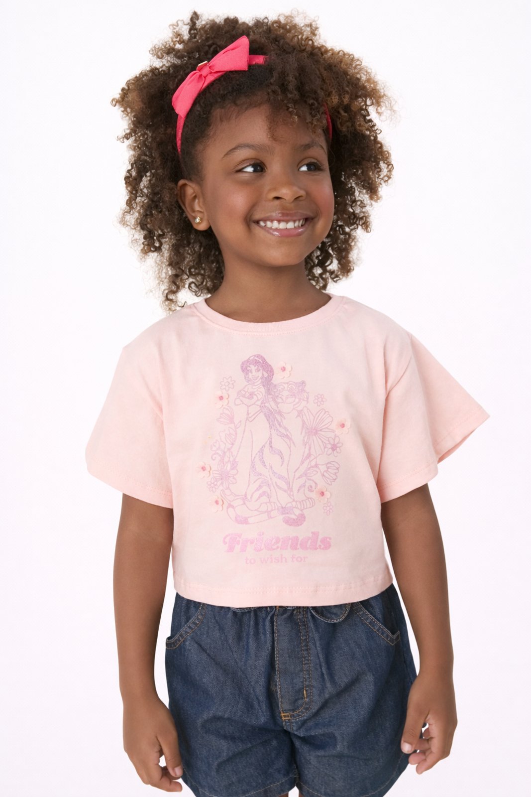 Infantil - Blusa Jasmine Disney Princesas Candy Glitter Relevo Rosa