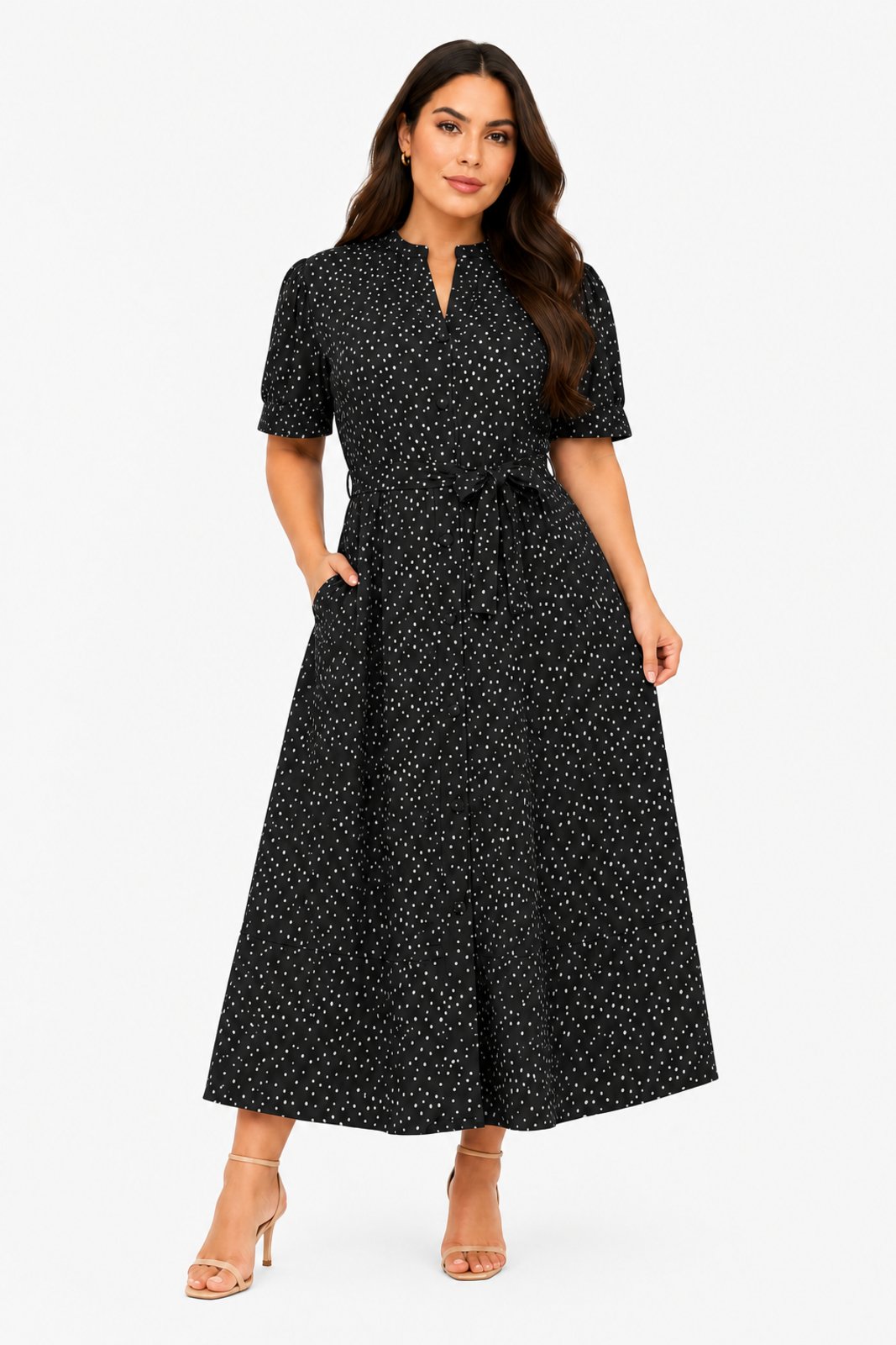 Vestido Midi D Bell Outlet Fashion Poá Viscolinho Preto