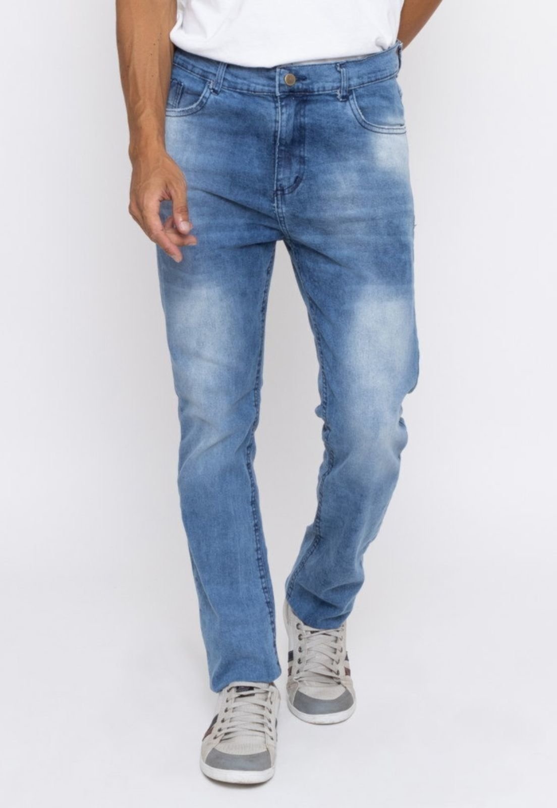 Calça Jeans Masculina Tradicional Lavagem Clara Manchada Premium Versatti Huan Azul