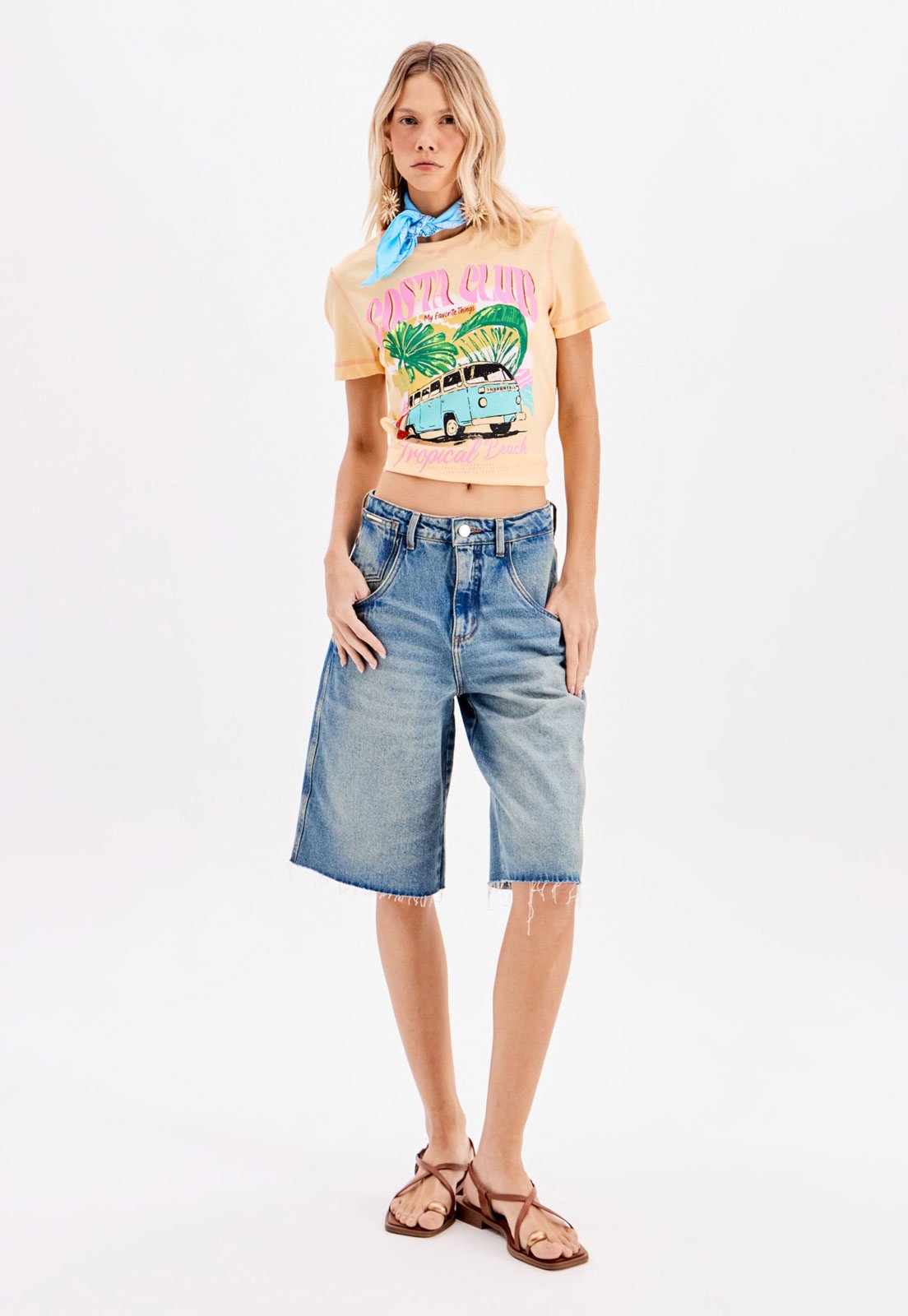 Bermuda Jeans My Favorite Reta Barra Destroyed Azul