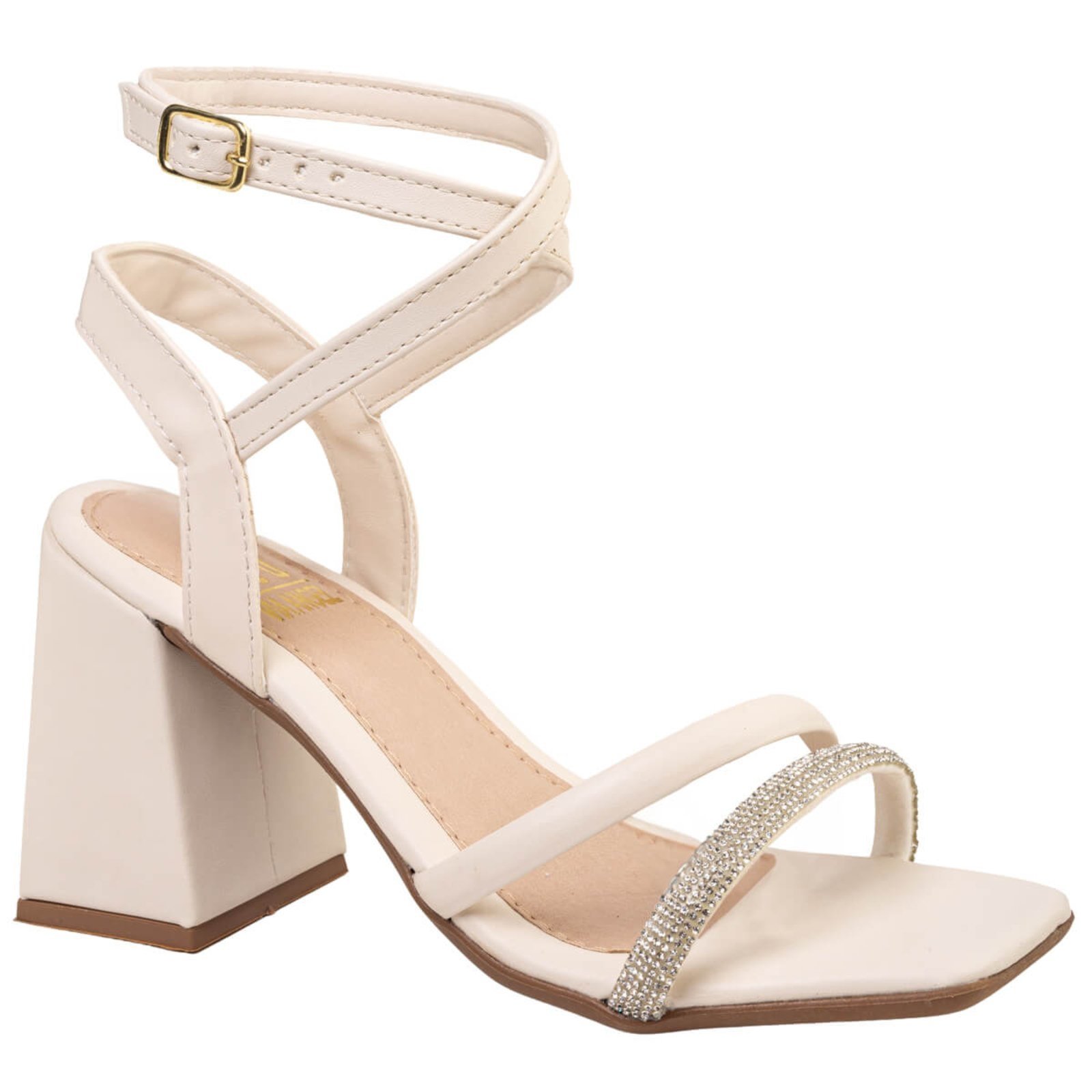 Vista 2 Sandalia Feminina Salto Alto Grosso Tira de Strass Confortavel Via Angel 7301 Off White off-white white VIA ANGEL off-white white