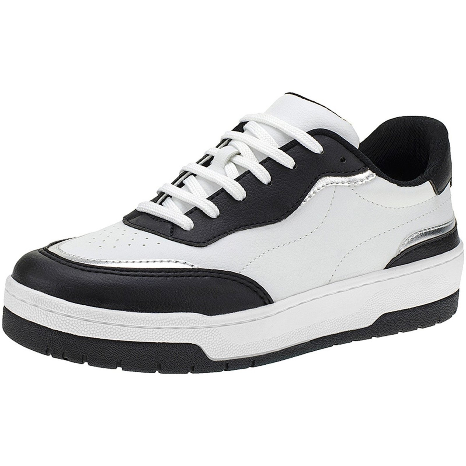 Tênis Feminino Casual com Detalhes Metalizado Fitness Dia a Dia Academia Confortável Plataforma 26060 Branco / Preto