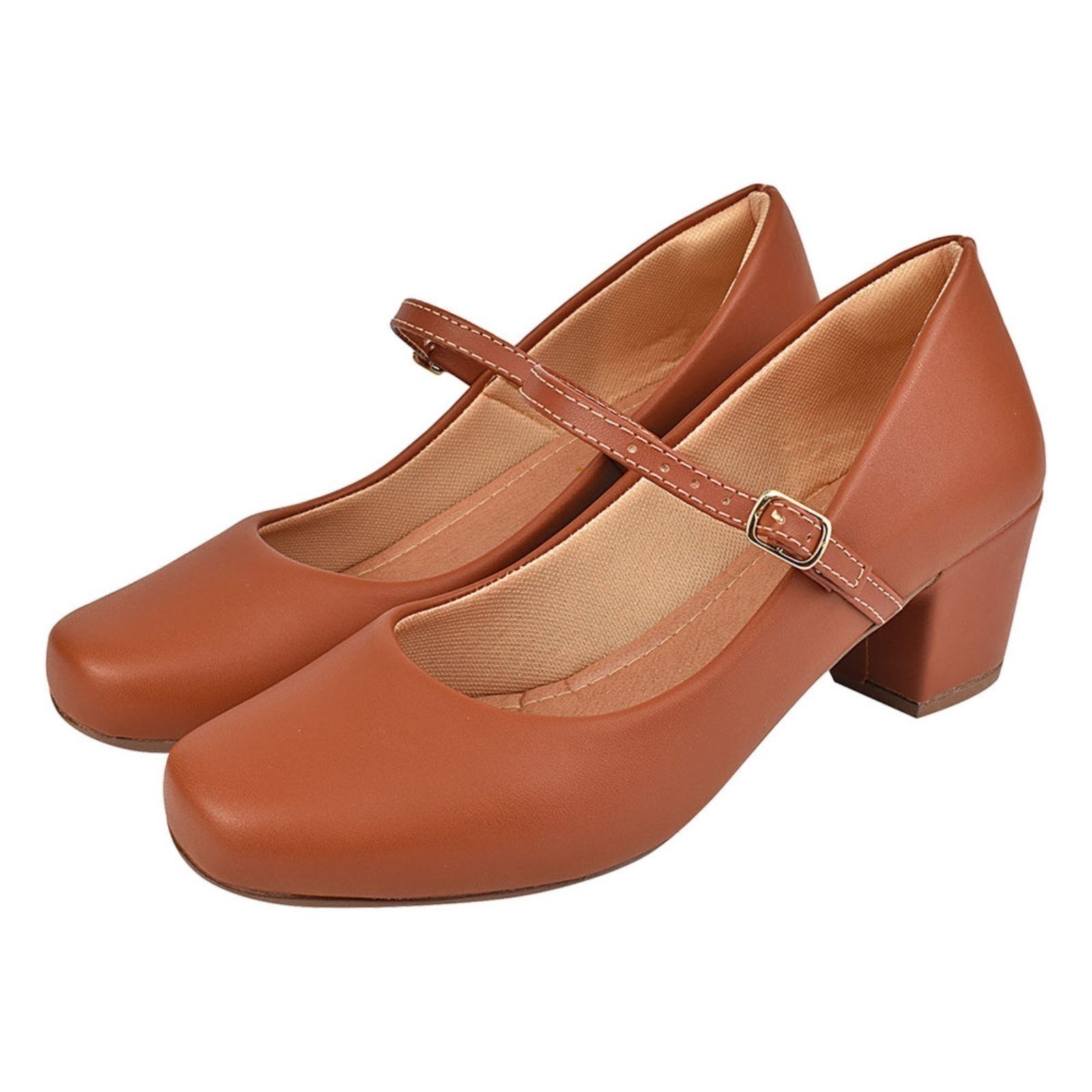 Sapato Scarpin Mary Jane Boneca Bailarina CM Calçados Bico Quadrado Salto Confort Fivela Caramelo