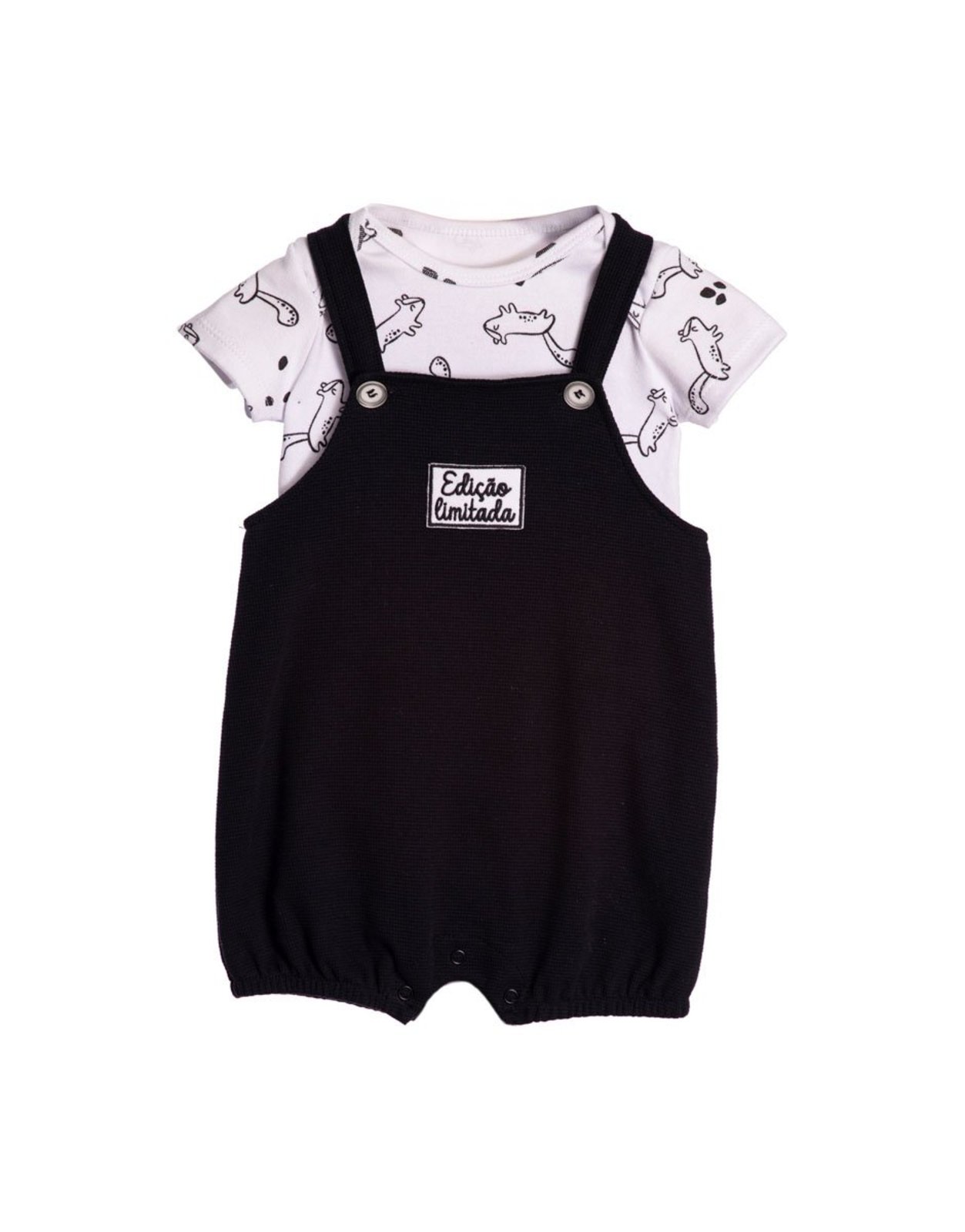 Infantil - Conjunto body suedine estampado e jardineira malha texturizada preta