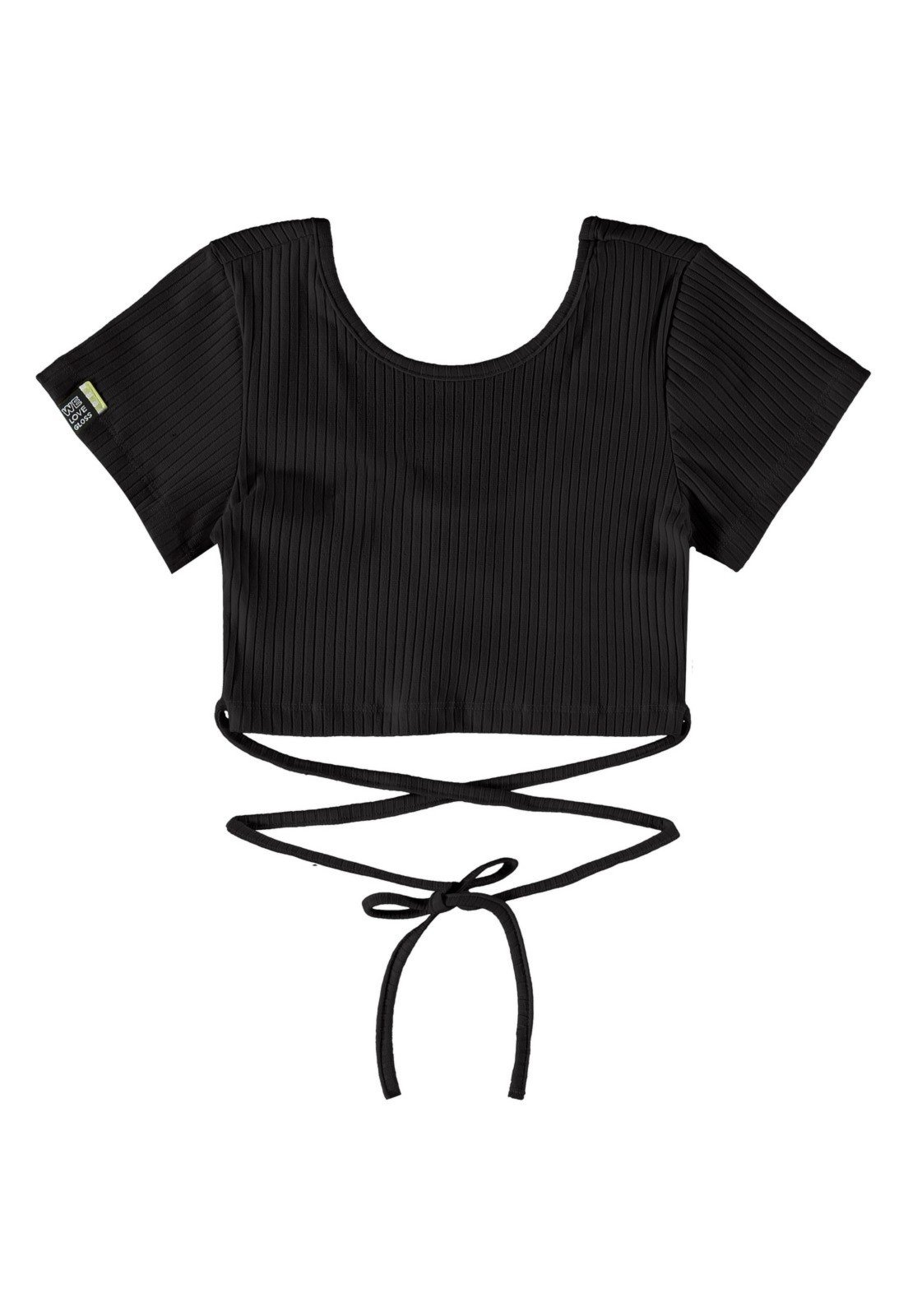 Vista 3 Infantil - Blusa Básica Manga Curta Cropped em Ribana Gloss preto Gloss preto