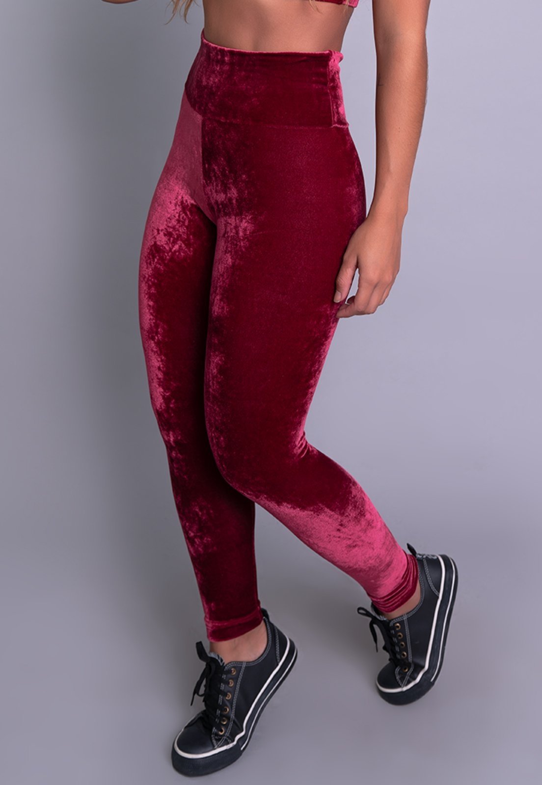 Calça Legging MVB Modas Cintura Alta Veludo Molhado Vinho