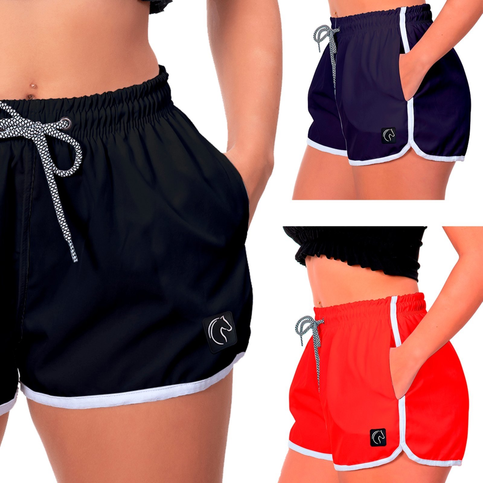 Kit 3 Shorts Feminino Premium Secagem Rápida com Elástico Cordão Ajustável e Bolsos Moda Praia Casual ou Treino Academia Preto, Azul Marinho e Vermelho