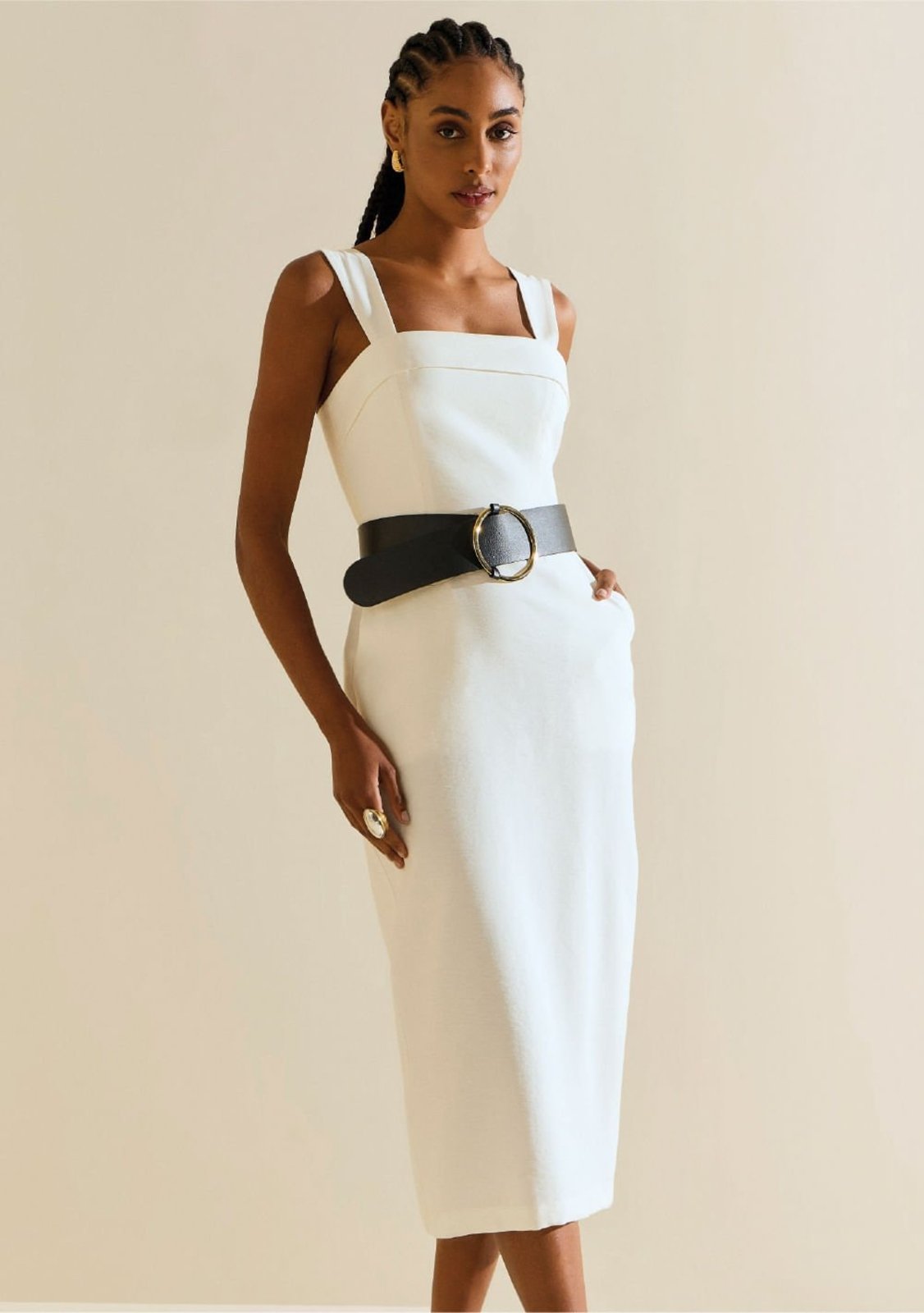 Vestido Morena Rosa Ajustado Decote Reto Com Alça Midi Off Off-white