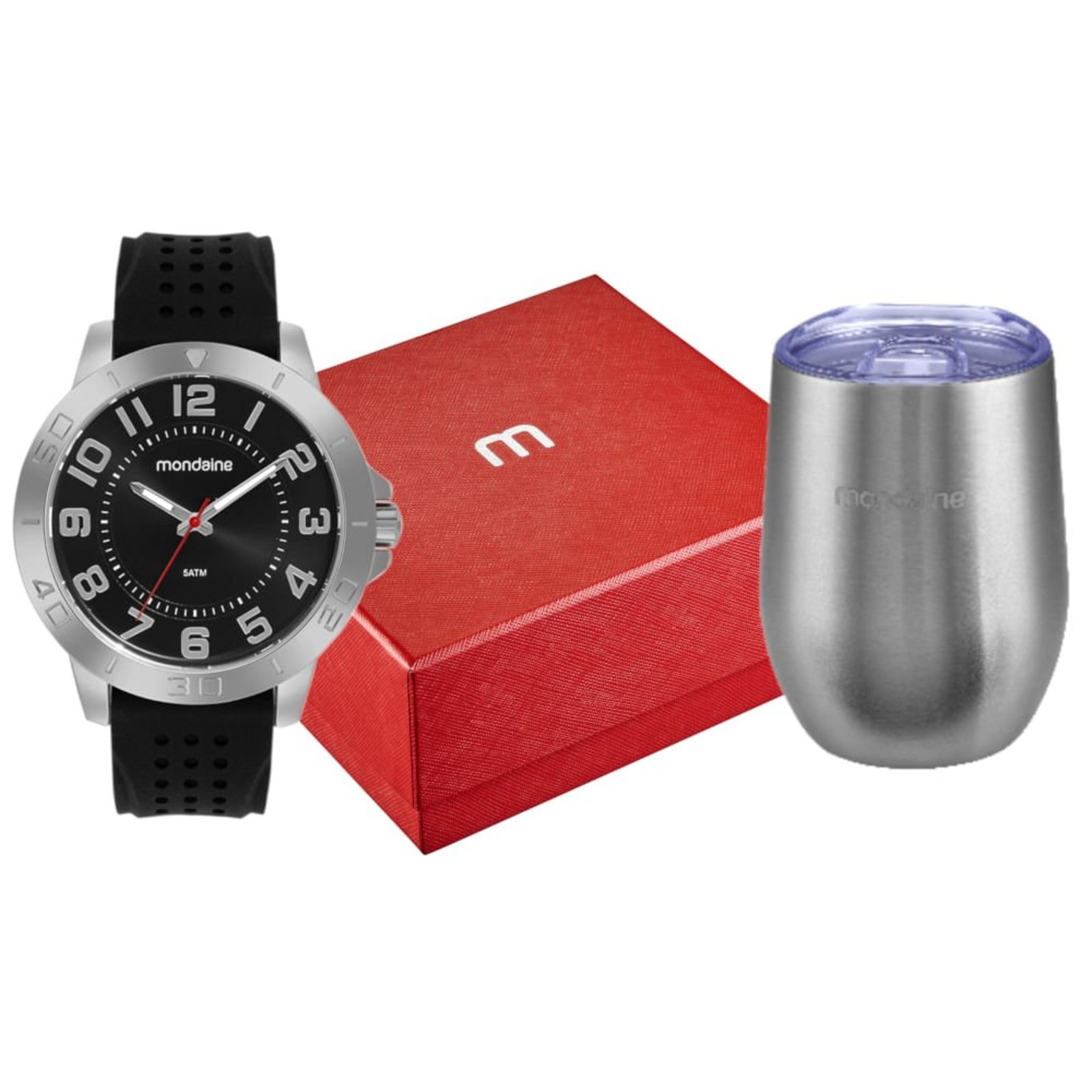 Kit Relógio Masculino Silicone Prata Com Copo Térmico Mondaine
