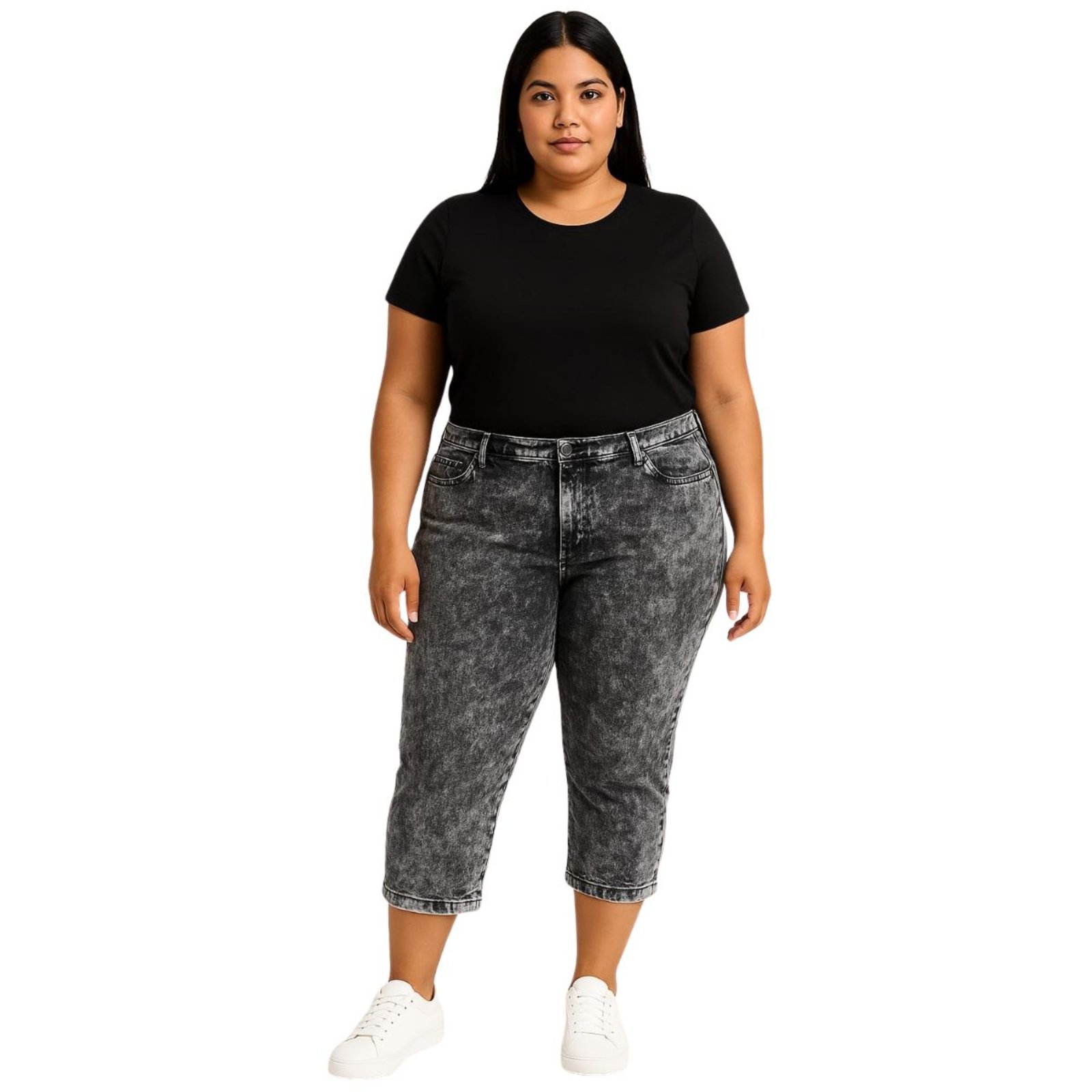 Calça Capri Feminina Plus Size Alleppo Jeans Marmorizada Cinza Grafite