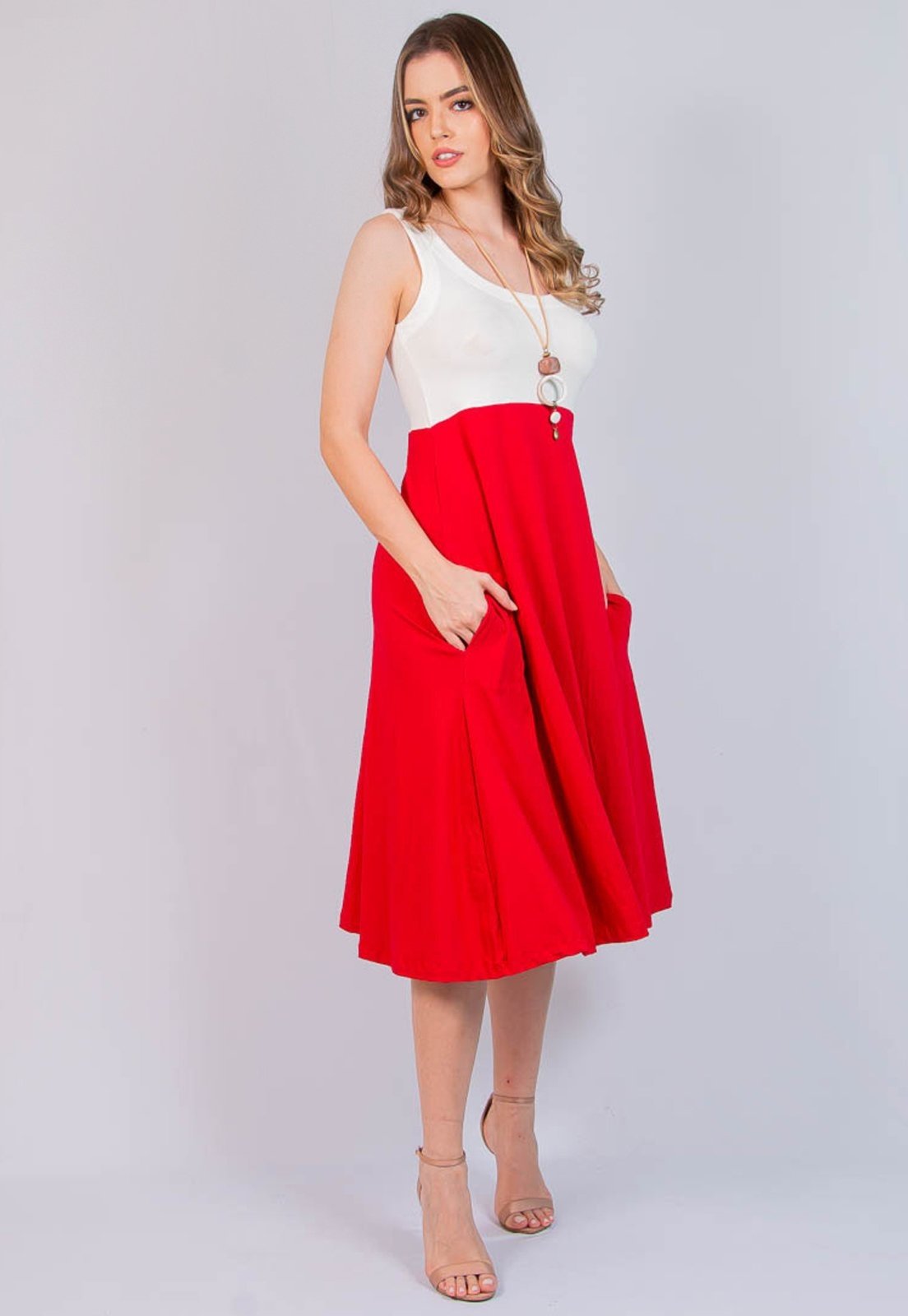 Vestido Viscolycra Maria Paes Midi Vermelho e Off White